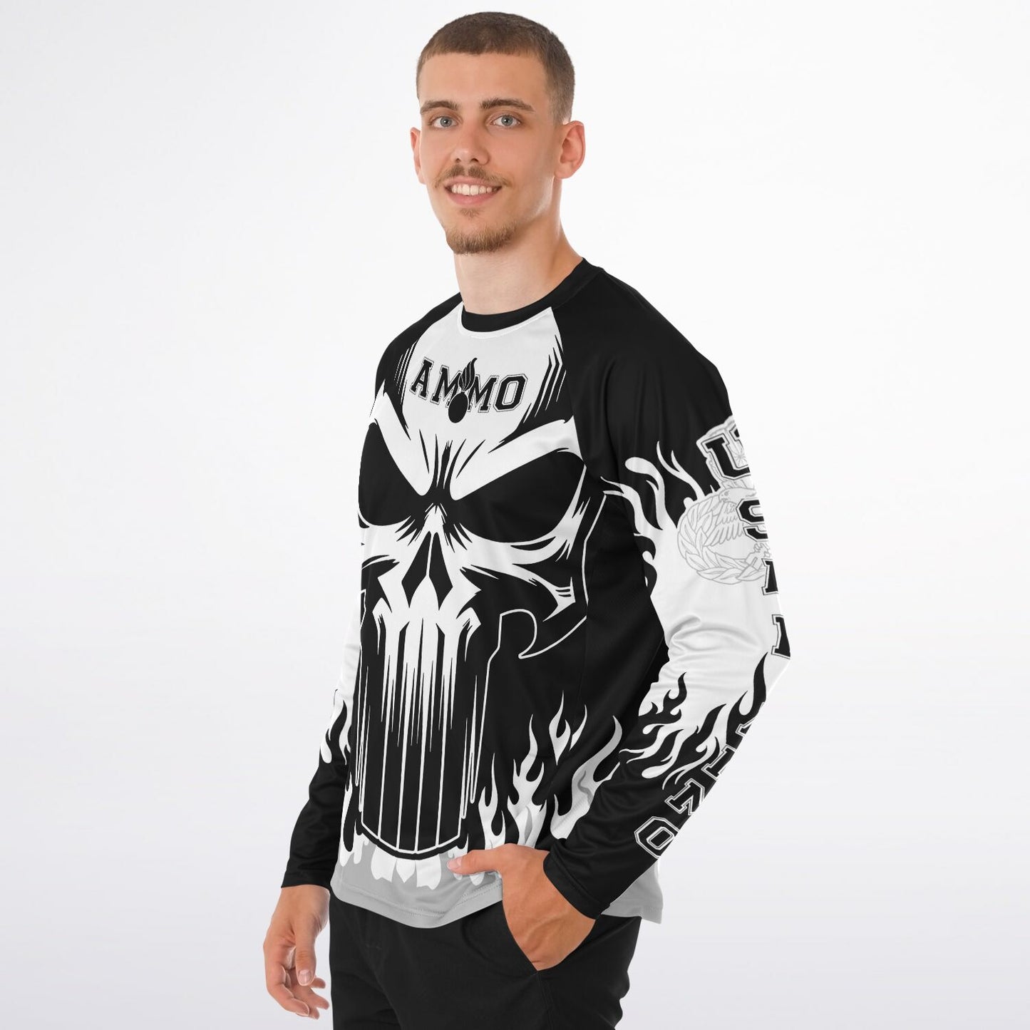 AMMO Skull Flames Black White Grey Men's Long Sleeve Performance Shirt - All Over Print