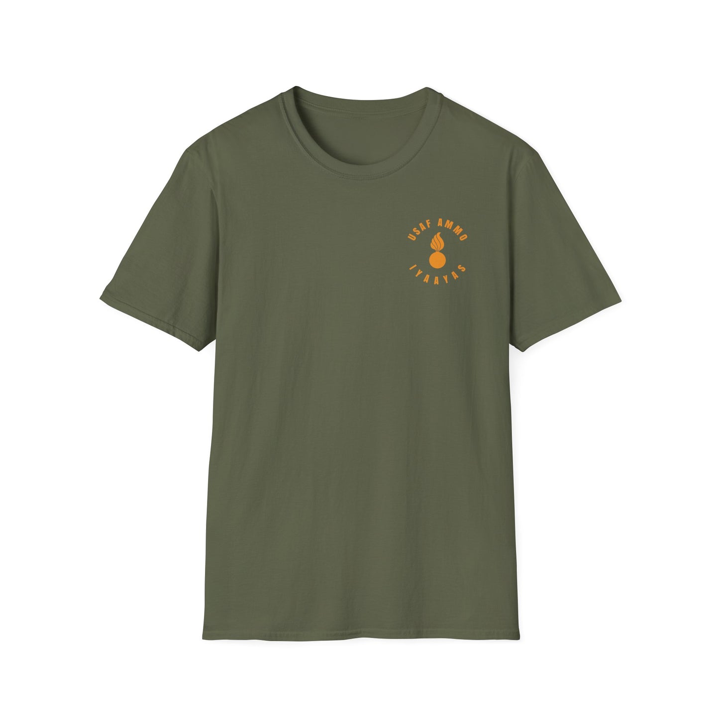 Four Bombs Dropping Spelling USAF AMMO with IYAAYAS and Two Pisspots at the Bottom Back and Front Design Version Unisex Softstyle T-Shirt