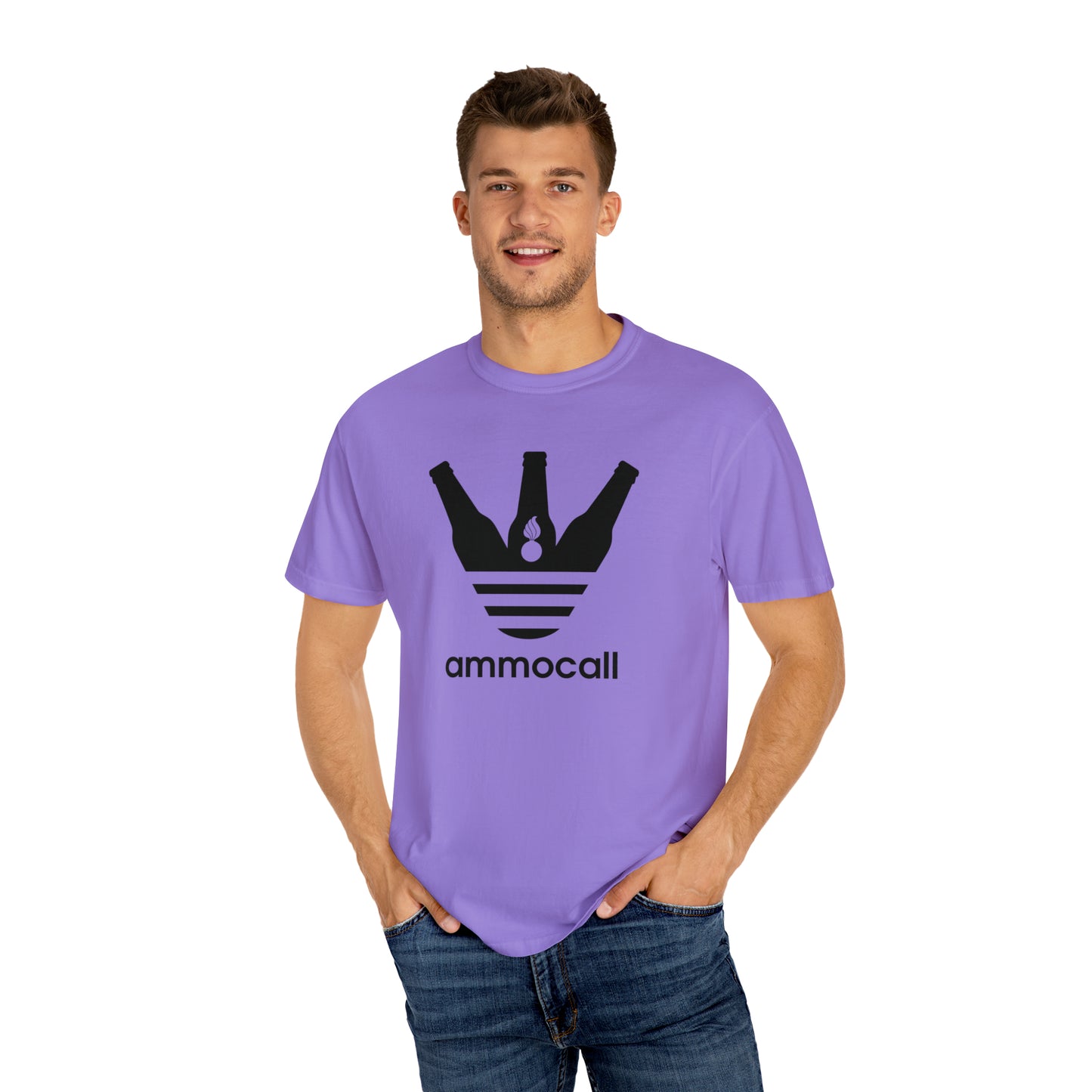 AMMO Call Three Beer Bottles With A Pisspot and Three Stripes Parody Logo Unisex Garment-Dyed T-shirt