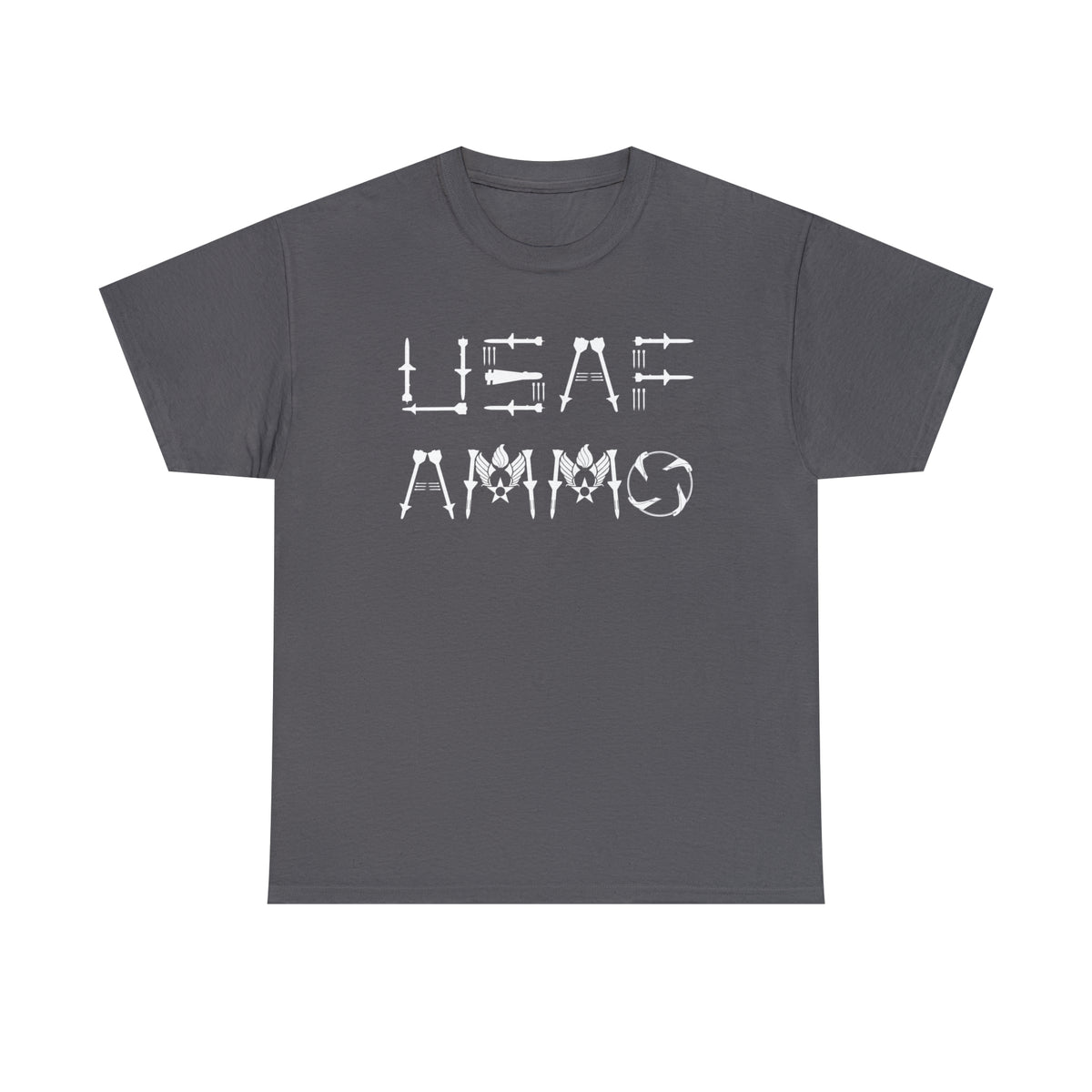 USAF AMMO Made With Missiles Flechettes Bomblet and Hap Arnold AMMO Logos Unisex Heavy Cotton Tee
