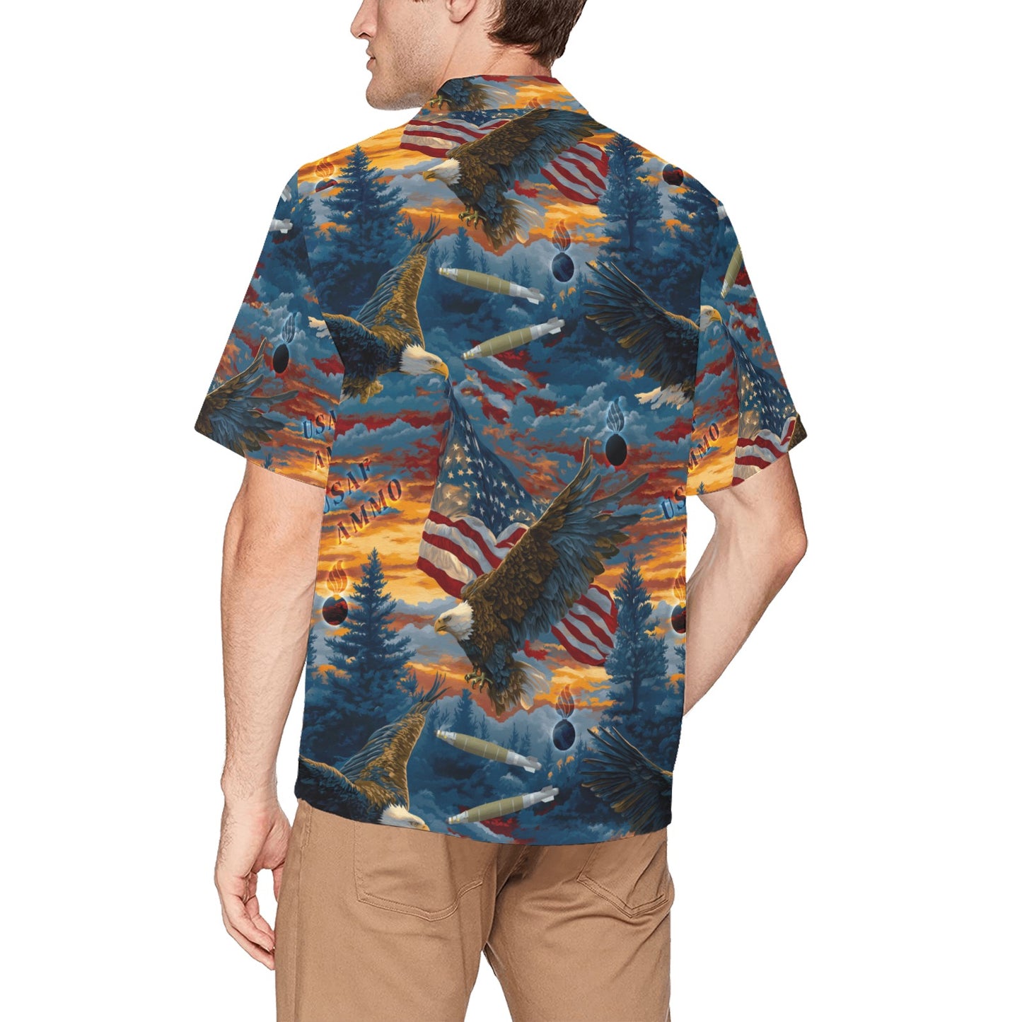 USAF AMMO Eagle Carrying American Flag Dropping JDAMS Sunset IYAAYAS Patriotic Mens Hawaiian Shirt With Left Chest Pocket