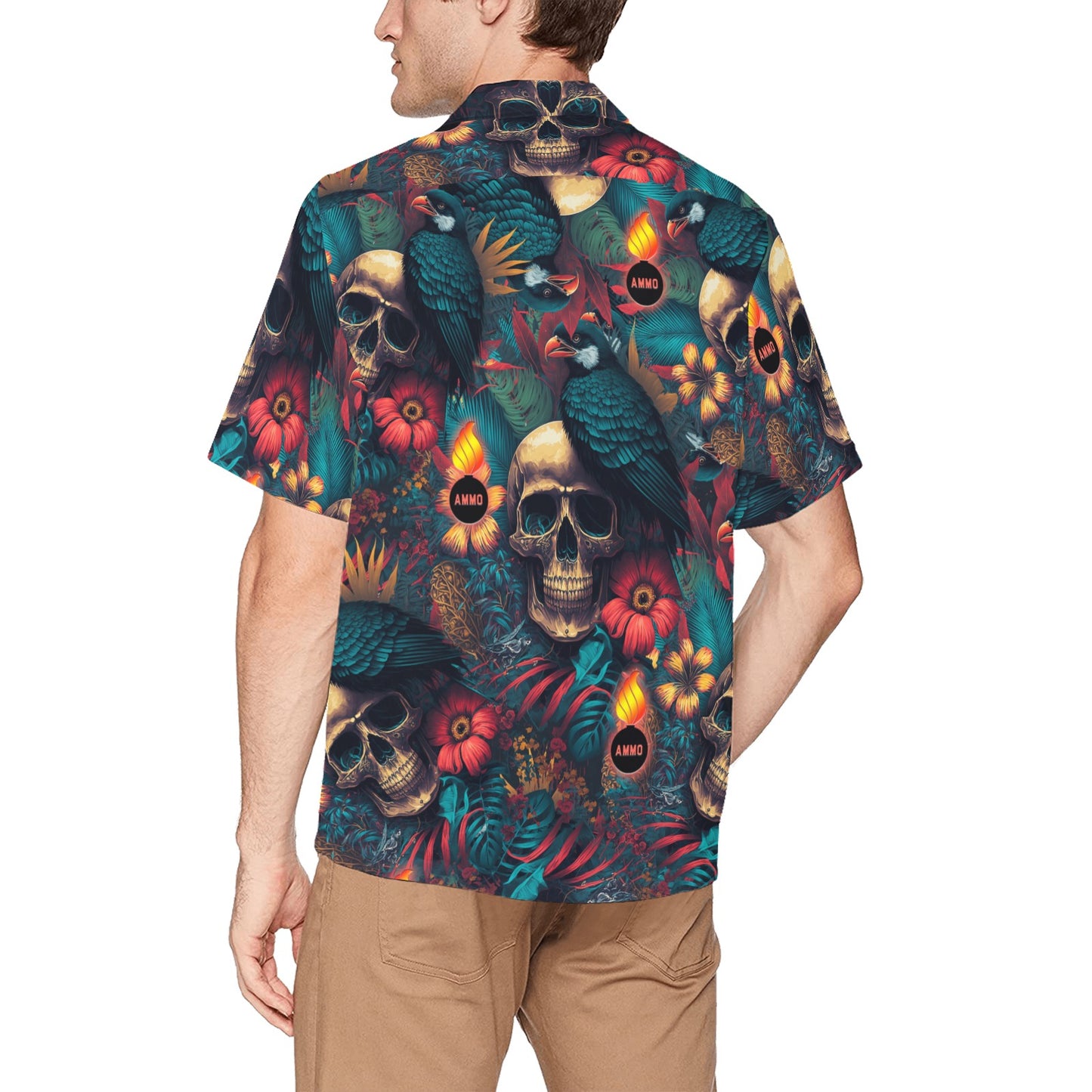 Skulls Birds Flowers Leaves and Glowing Pisspots Mens Hawaiian Shirt With Left Chest Pocket