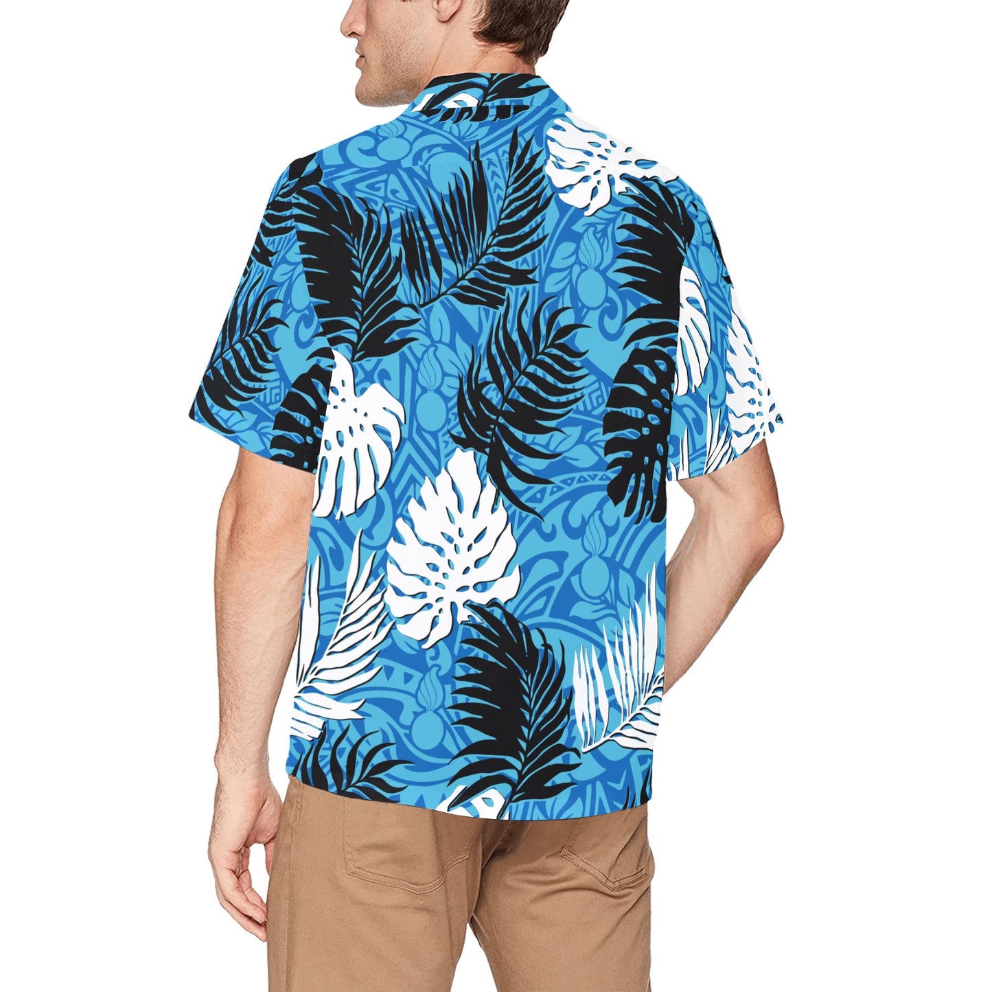 USAF AMMO Two Tone Blue Tribal With Pisspots and White and Black Leaves AMMO Hawaiian Shirt With Front Left Chest Pocket