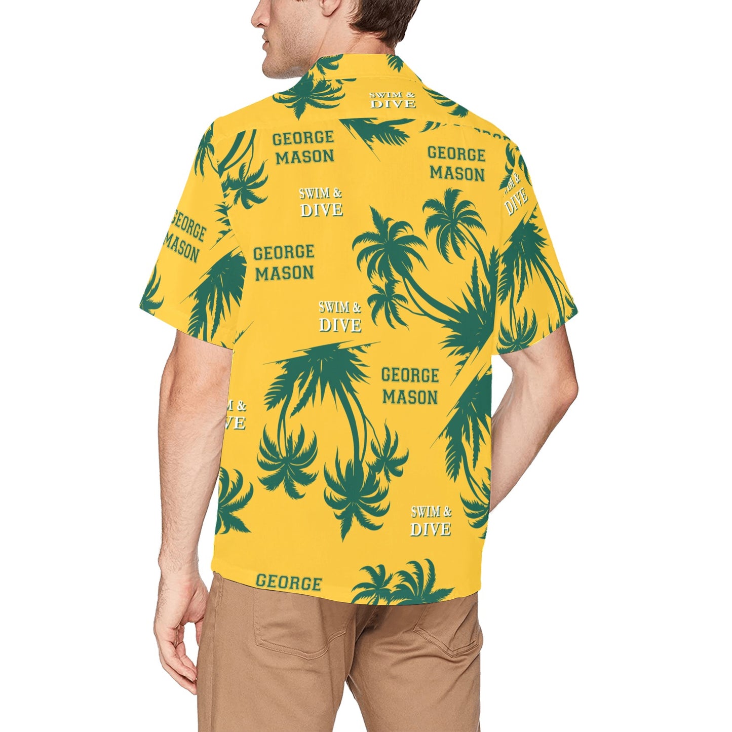 Yellow and Green George Mason Swim and Dive Team Fan Mens Hawaiian Shirt With Front Left Chest Pocket