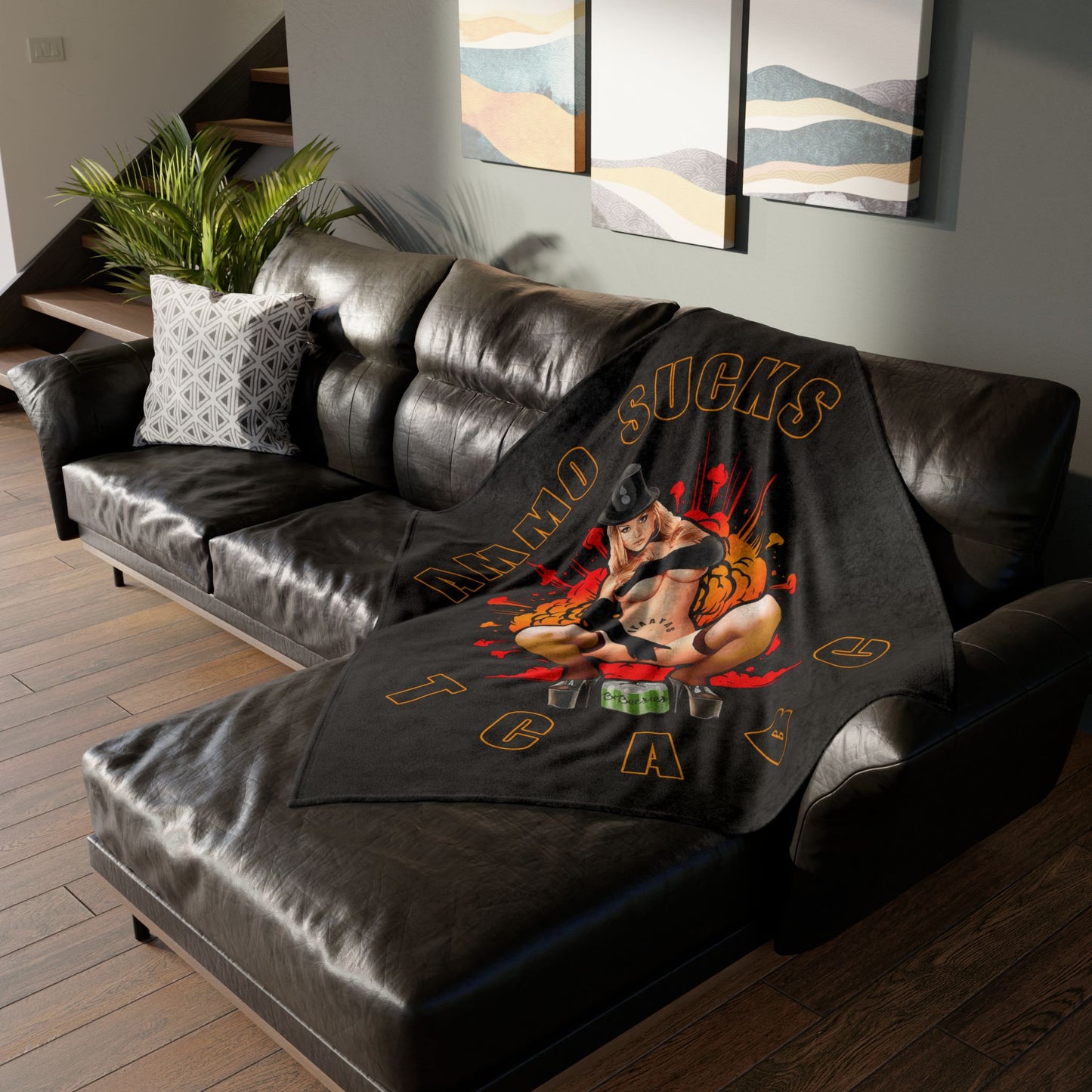AMMO Sucks TCABC IYAAYAS Girl Top Hat Gloves Beer Cans Pisspot Explosion Background Soft Polyester 50" x 60" Blanket