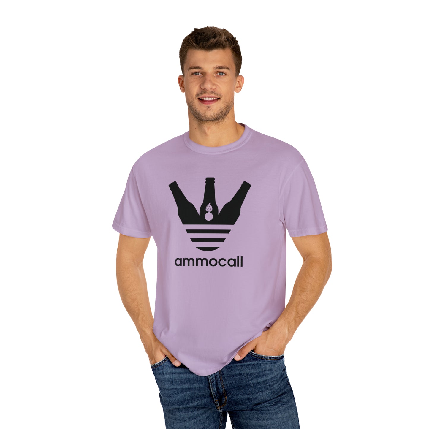 AMMO Call Three Beer Bottles With A Pisspot and Three Stripes Parody Logo Unisex Garment-Dyed T-shirt