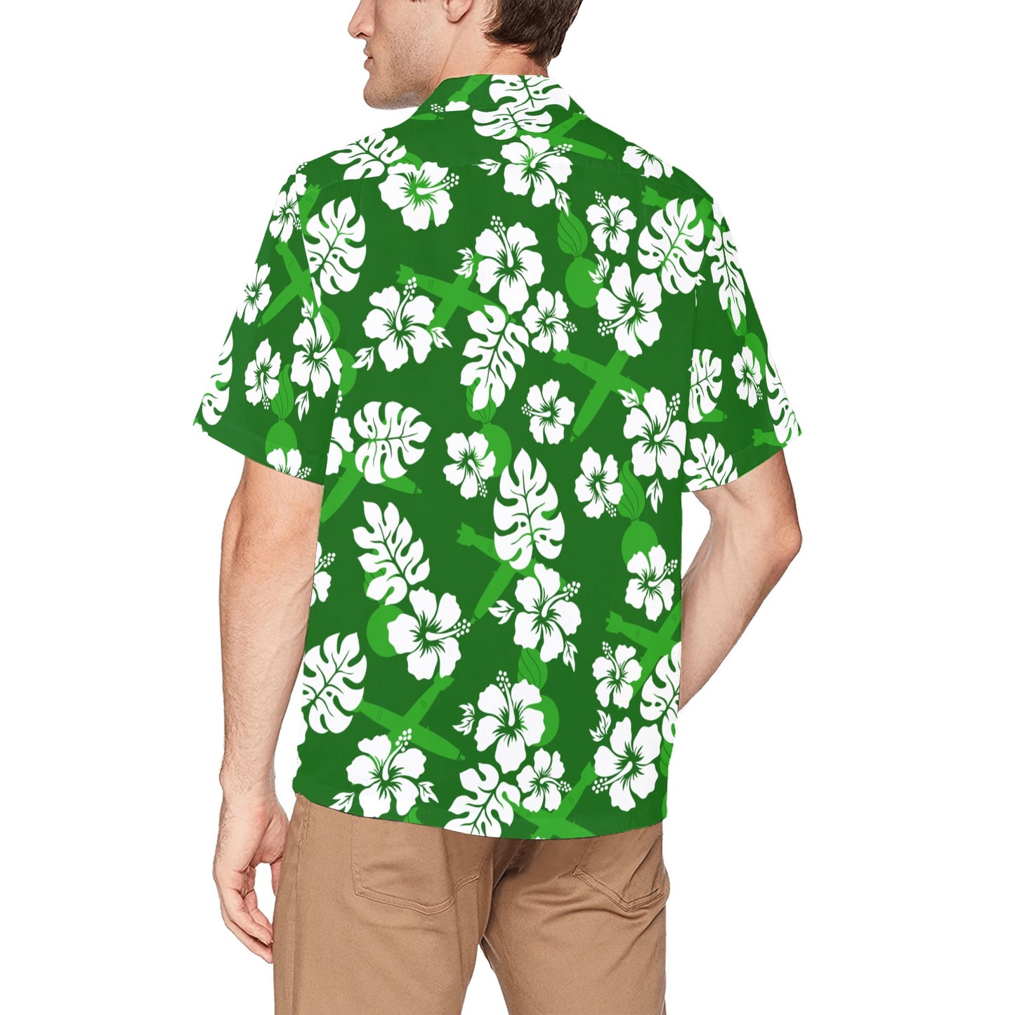 USAF AMMO Green with White Hibiscus Flowers Pisspots and Crossed Bombs Mens Hawaiian Shirt With Front Left Chest Pocket