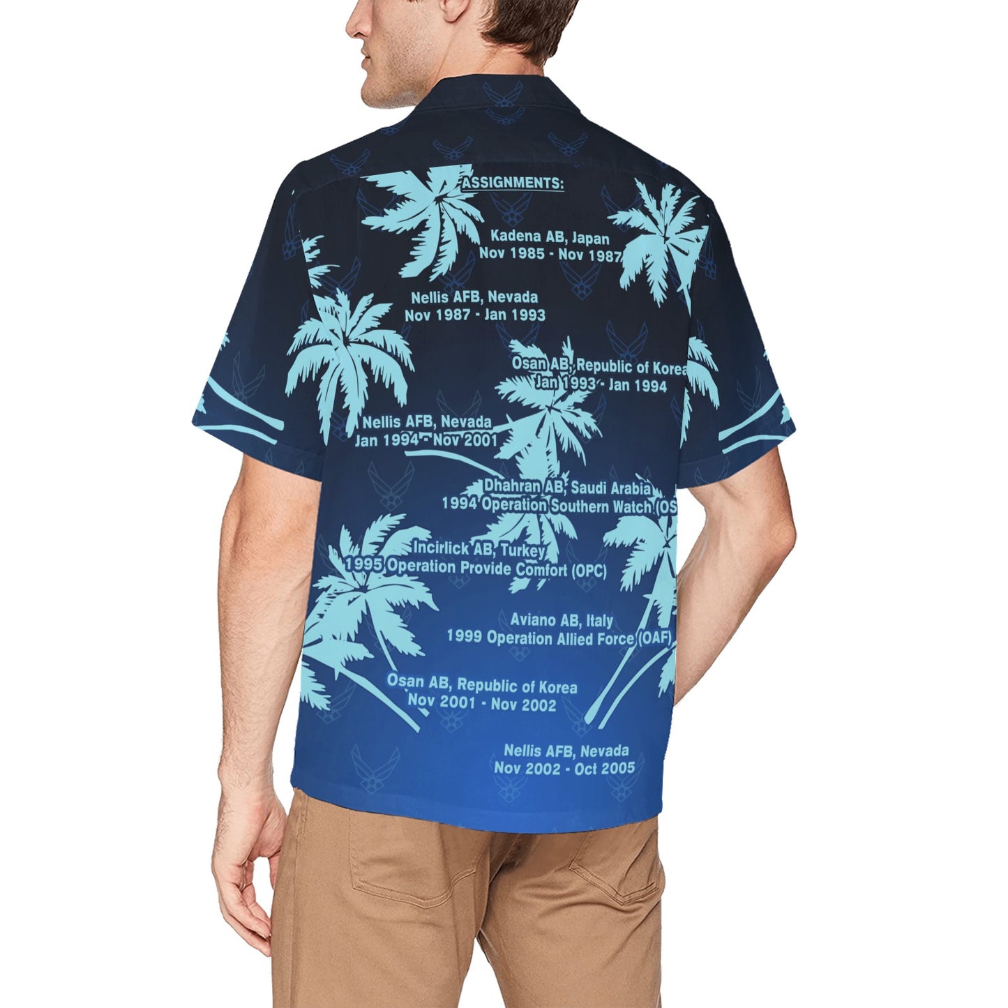 USAF AMMO Palm Trees Retired (James Jackson) Base Names On Back Mens Hawaiian Shirt With Left Chest Pocket