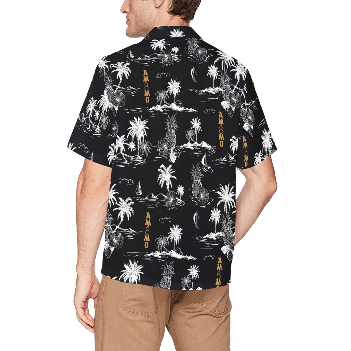 Black White Vintage Beach Scene AMMO Pisspot Mens Hawaiian Shirt With Front Left Pocket