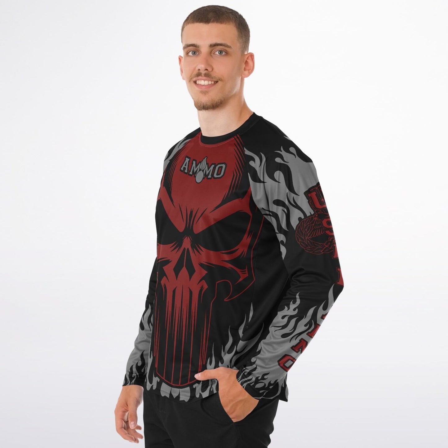 AMMO Skull Flames Black Red Grey Men's Long Sleeve Performance Shirt - All Over Print