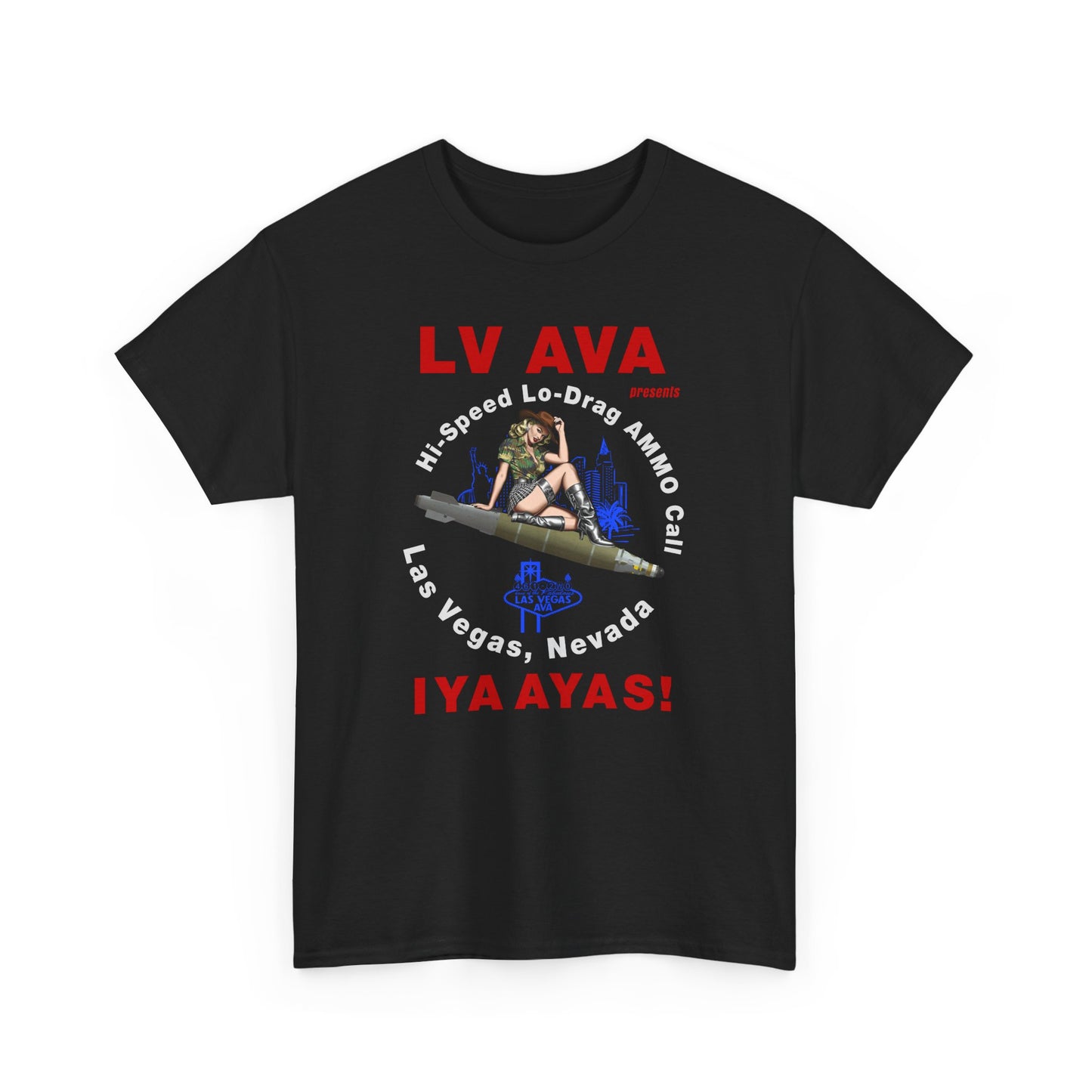 LV AVA Hi-Speed Lo-Drag AMMO Call (Jim Caufield Version) Pin-Up Girl Riding LJDAM Las Vegas Nevada Unisex Jersey Short Sleeve Tee - Larger Sizes For Men