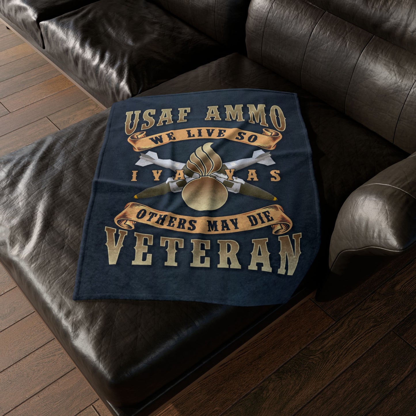 USAF AMMO Veteran We Live So Others May Die IYAAYAS Pisspot Vintage Scrolls and Crossed JDAMs Soft Polyester 30" x 40" Blanket
