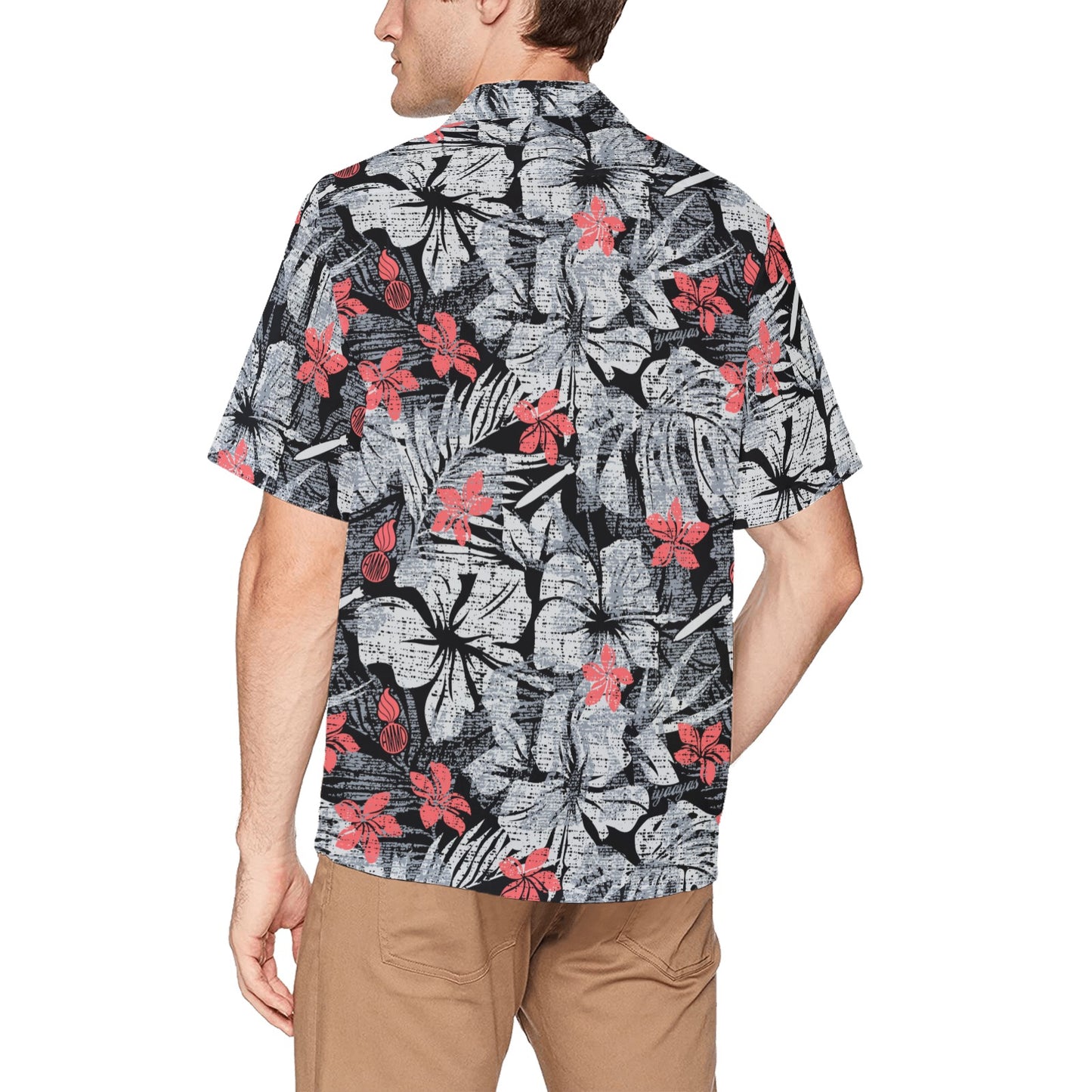 Black Grey and Light Red Flowers Leaves and Pisspot Mens Hawaiian Shirt With Front Left Chest Pocket