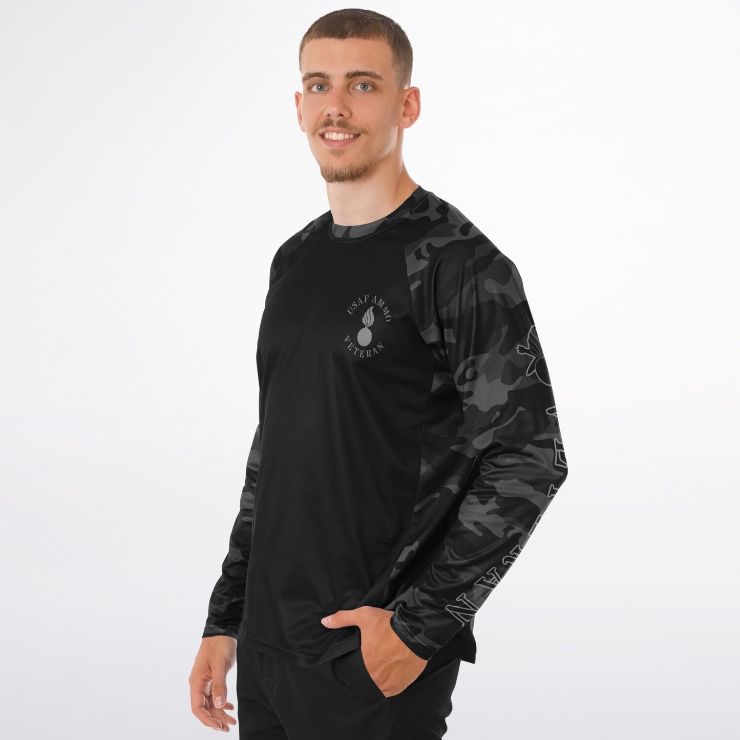 USAF AMMO Veteran Dark Grey and Black Camouflage Men's Long Sleeve Performance Shirt - All Over Print