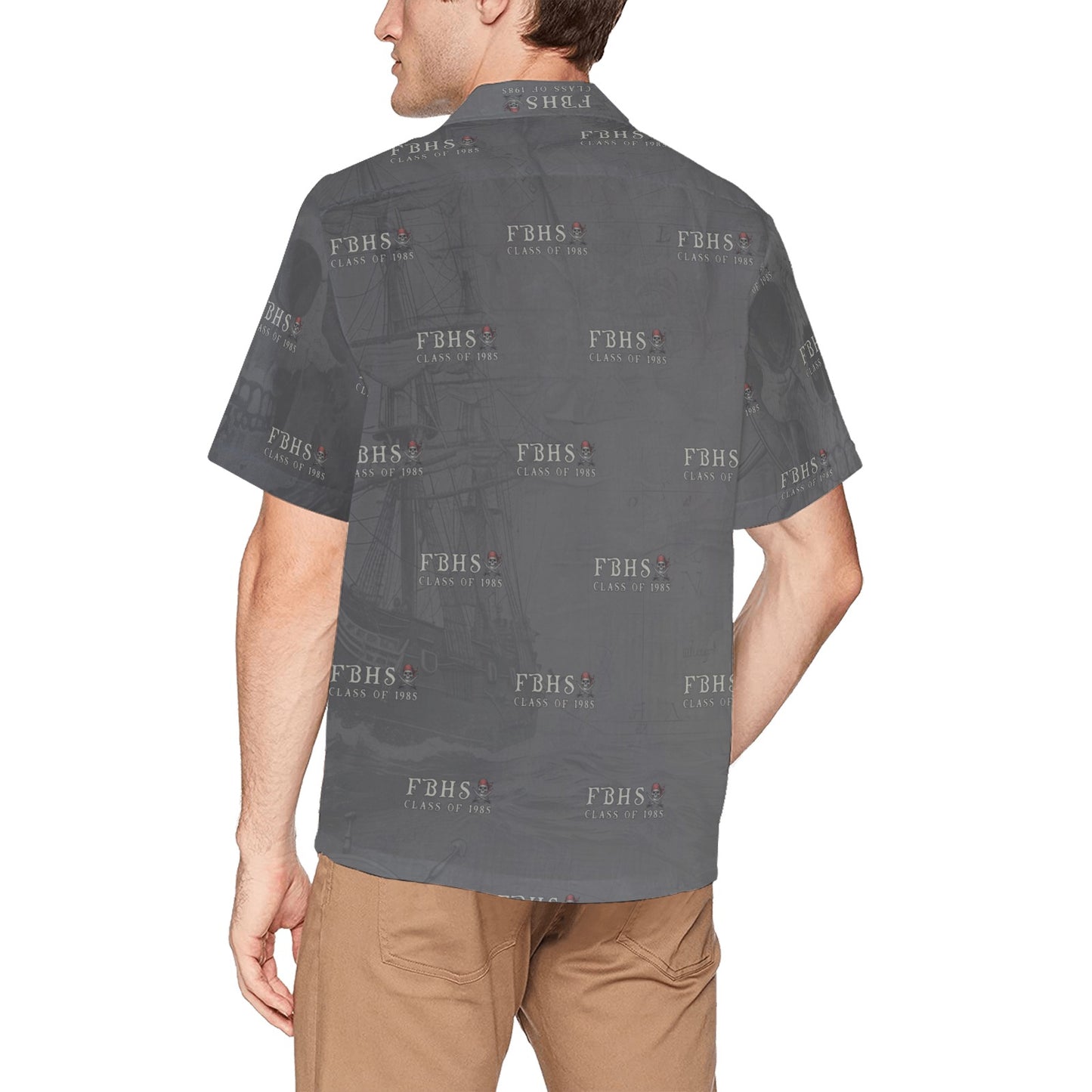 Fernandina Beach High School Class of 1985 Grey Pirate Reunion Alumni Mens Hawaiian Shirt With Left Chest Pocket