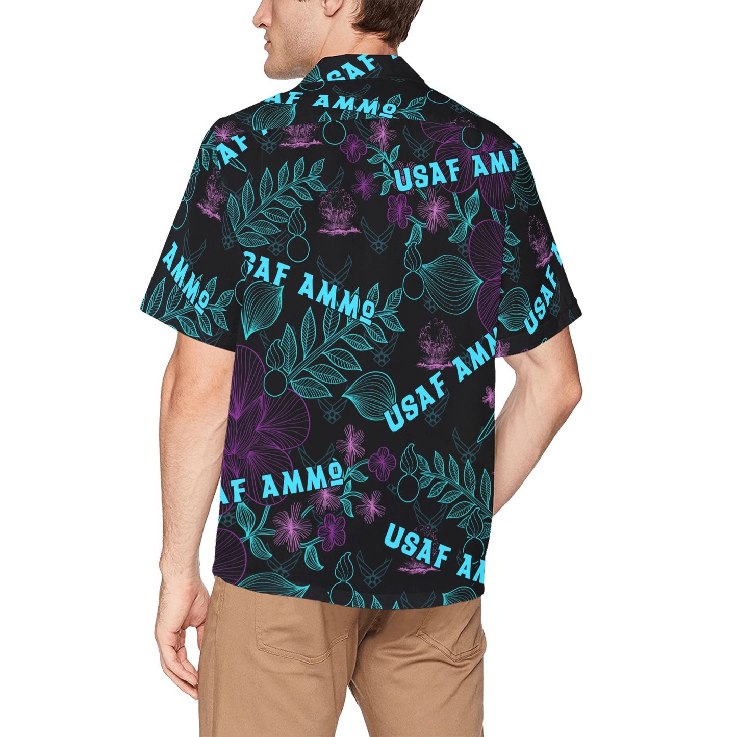 AMMO Black Neon Green Blue and Purple Pattern Mens Left Chest Pocket Hawaiian Shirt