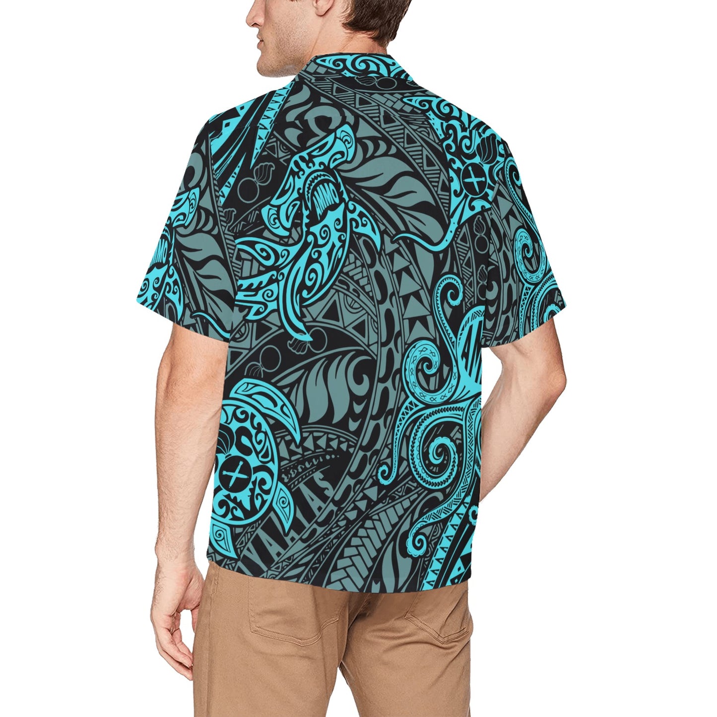AMMO Black and Teal Tribal Pattern Sea Animals and Creatures Mens Hawaiian Shirt With Front Left Pocket