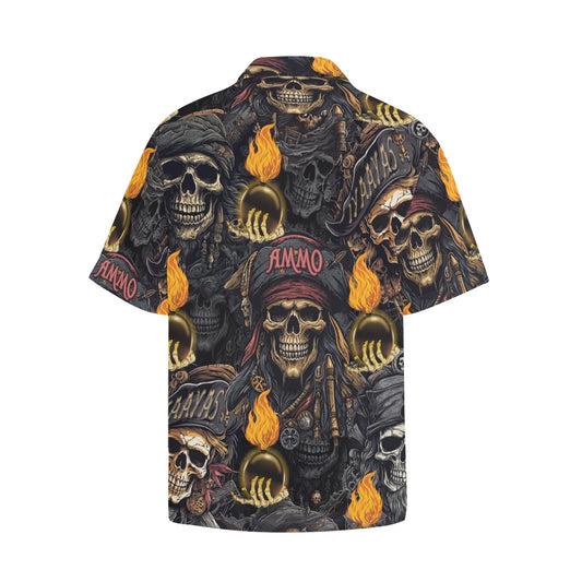 USAF AMMO Pirate Skulls Orange Glowing Pisspots Skeleton Hands IYAAYAS Proud Heritage Mens Hawaiian Shirt With Front Left Chest Pocket