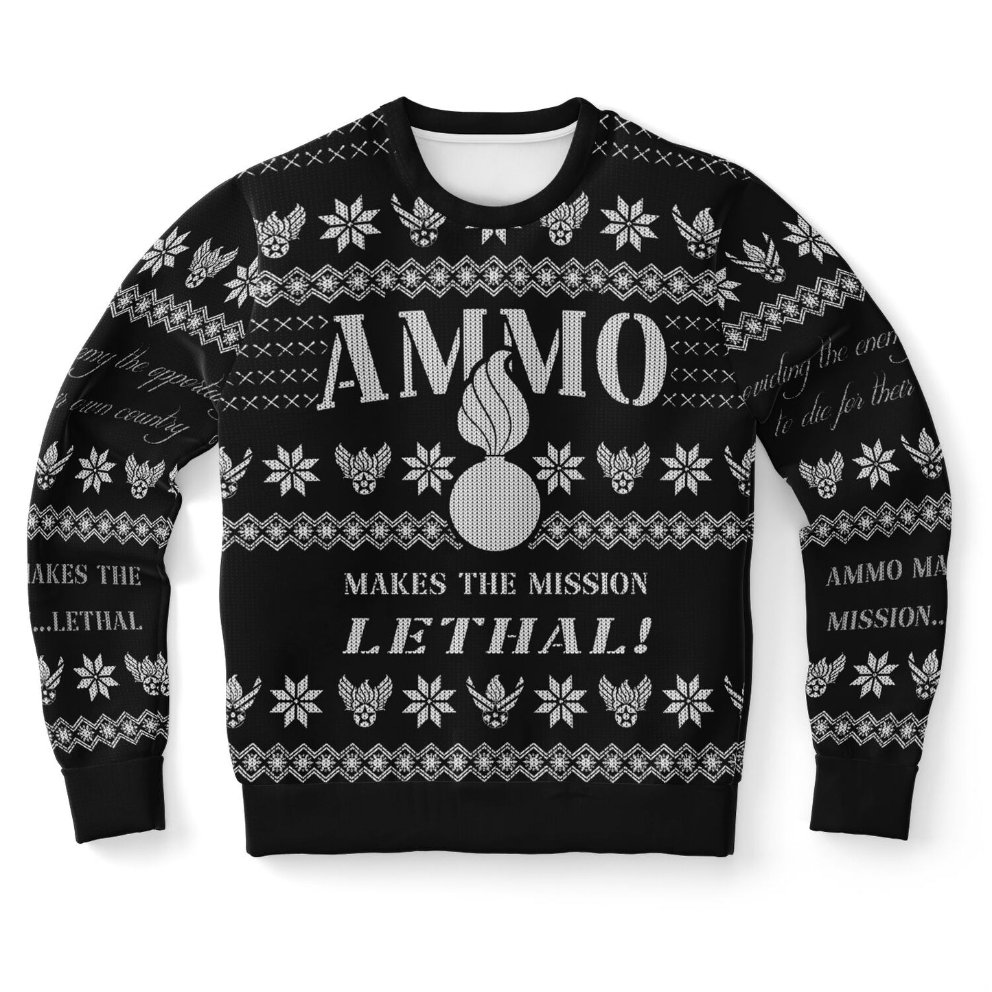 AMMO Makes The Mission Lethal Christmas Party Pisspot Placard Black and White Sweatshirt