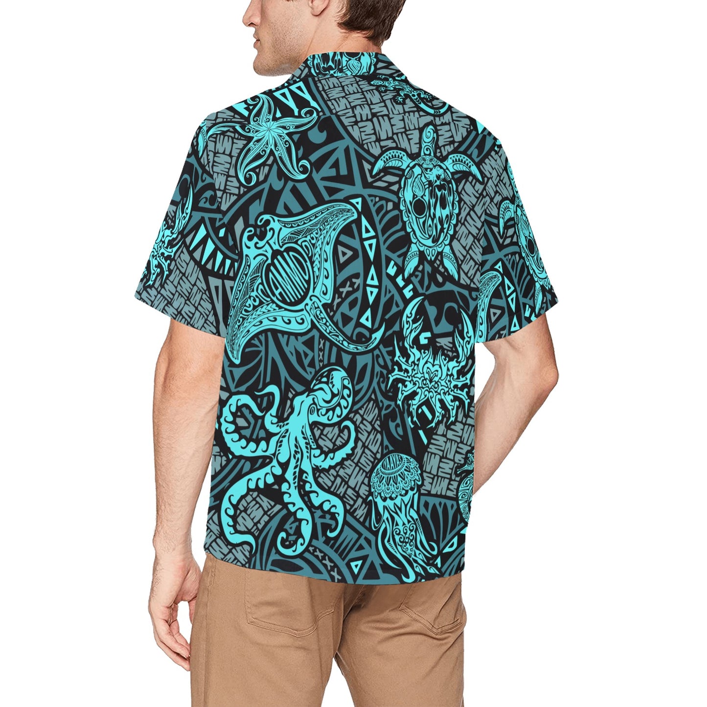 AMMO Stingray Sea Life Black and Teal Mens Hawaiian Shirt With Left Chest Pocket
