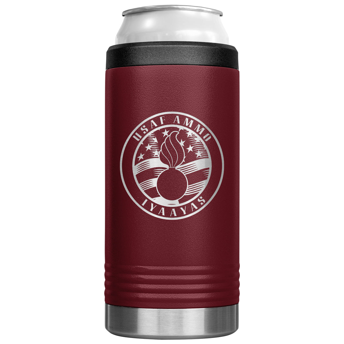 USAF AMMO Circular Flag Pisspot IYAAYAS Logo 12oz Cozie Insulated Slim Tumbler