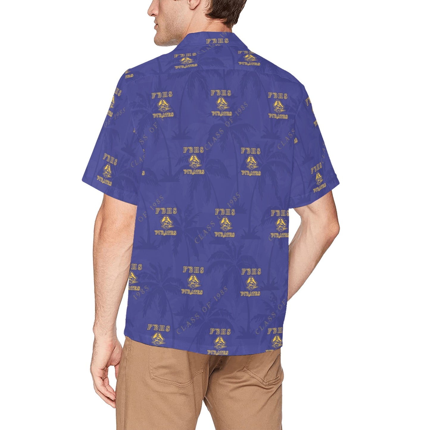Fernandina Beach High School Class of 1985 Blue and Gold Pirate Mascot Reunion Alumni Mens Hawaiian Shirt With Left Chest Pocket