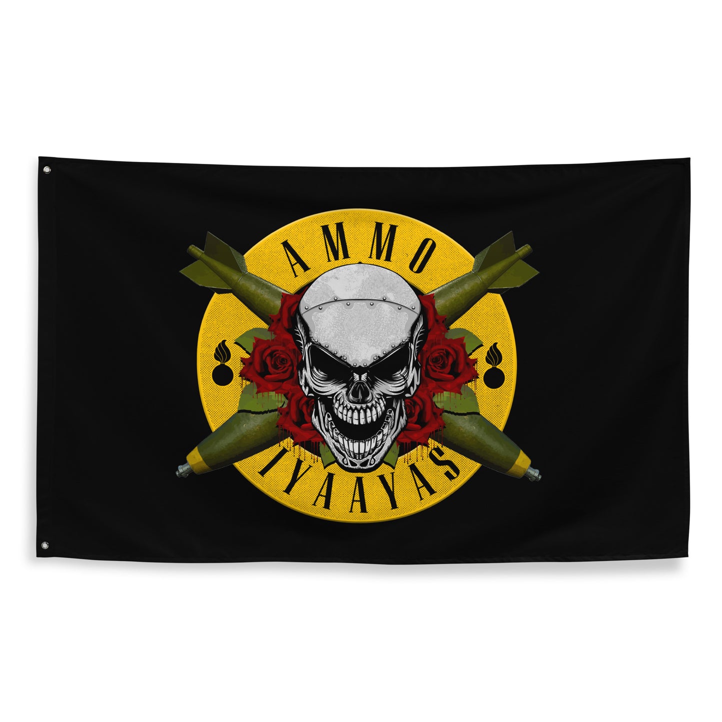 AMMO Skull Roses Bombs and Pisspots One-Sided Wall Flag
