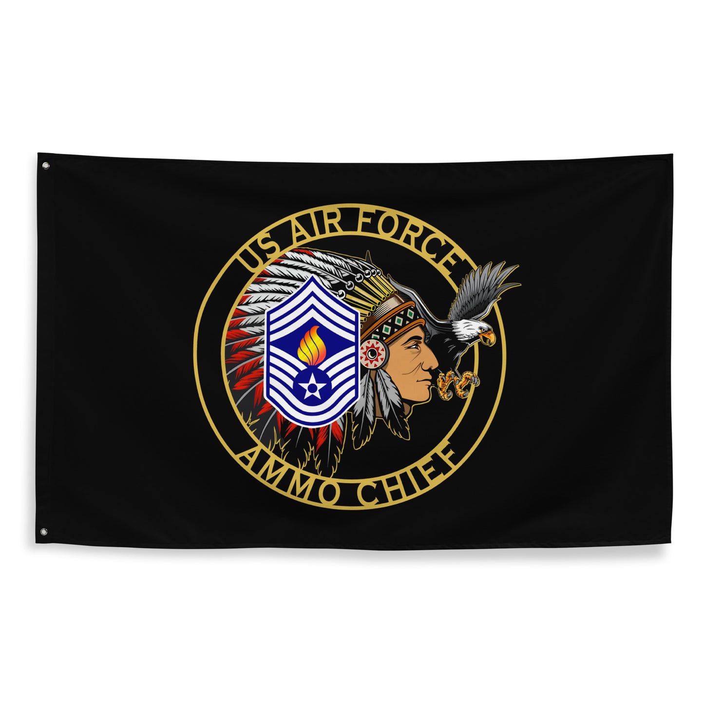 US Air Force AMMO Chief Male Circular Logo Full Headdress Stripes Pisspot Flame and Eagle One-Sided Wall Flag