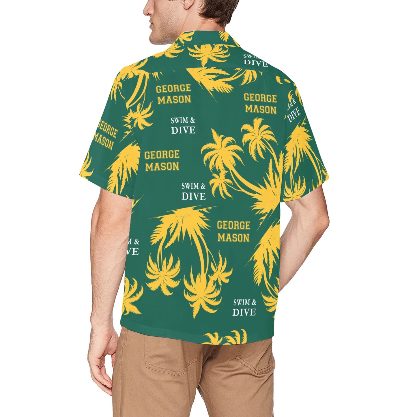 Green and Yellow George Mason Swim and Dive Team Fan Mens Hawaiian Shirt With Front Left Chest Pocket