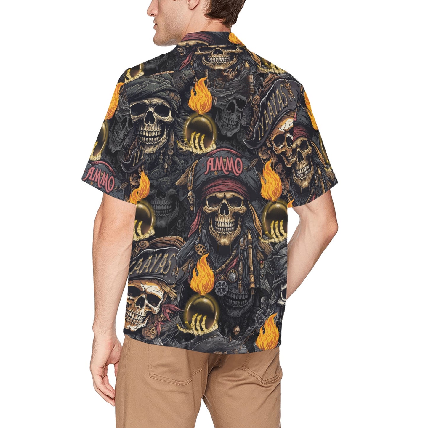 USAF AMMO Pirate Skulls Orange Glowing Pisspots Skeleton Hands IYAAYAS Proud Heritage Mens Hawaiian Shirt With Front Left Chest Pocket