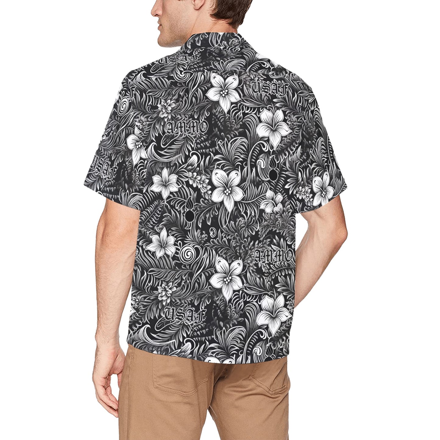 Black and White Badass Hawaiian Flowers Leaves USAF AMMO and Pisspots Mens All Over Print Hawaiian Shirt With Left Chest Pocket