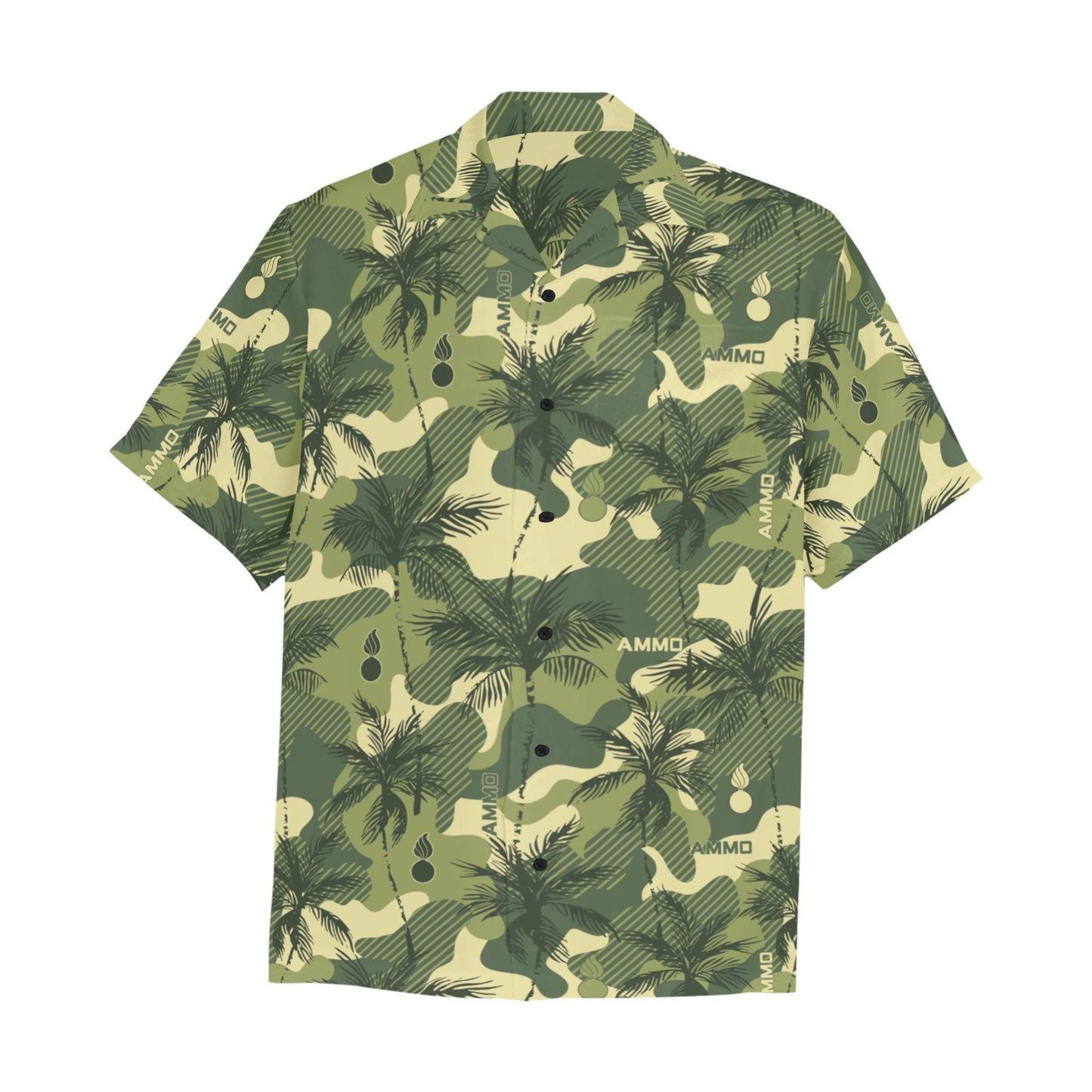AMMO Green Camouflage Palm Trees Pisspots Pattern Mens Left Chest Pocket Hawaiian Shirt