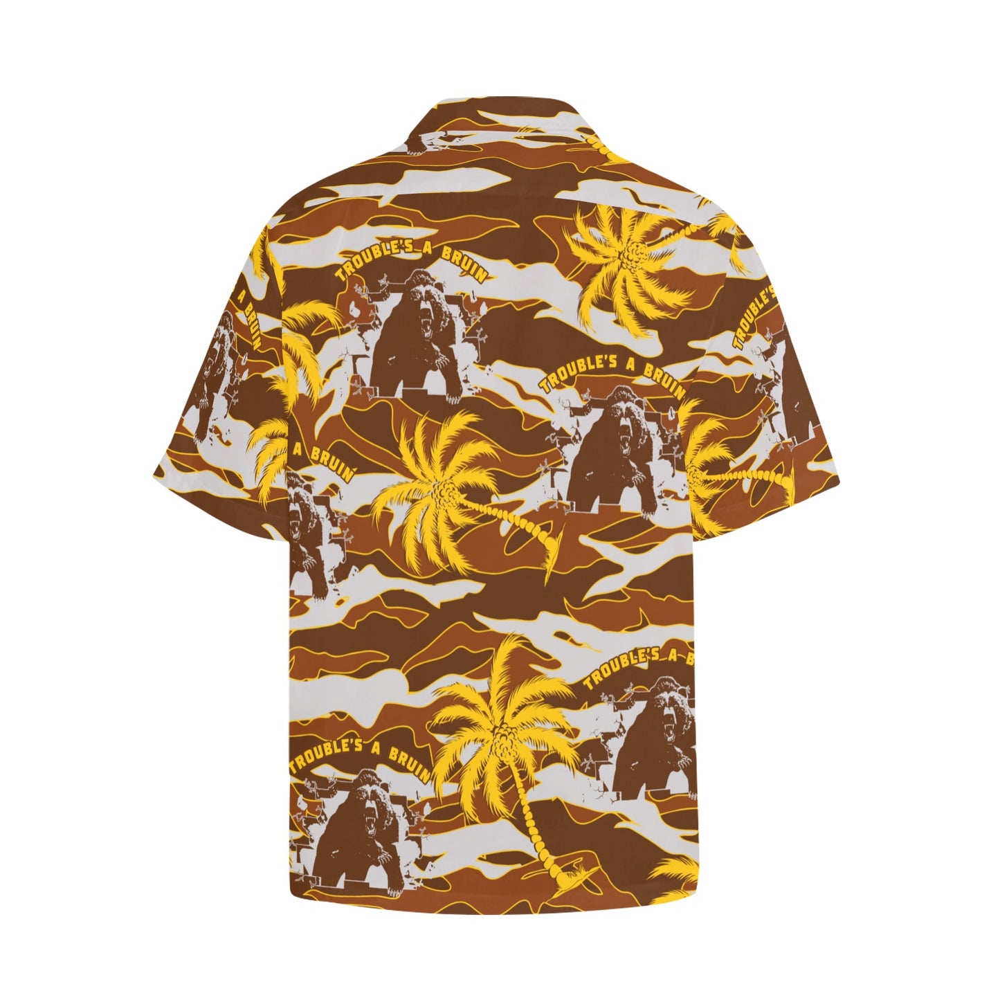 Fargo South High Troubles A Bruin Bear Brick Wall Tiger Stripe Brown Camouflage With Gold Color Palm Trees Hawaiian Shirt With Left Chest Pocket