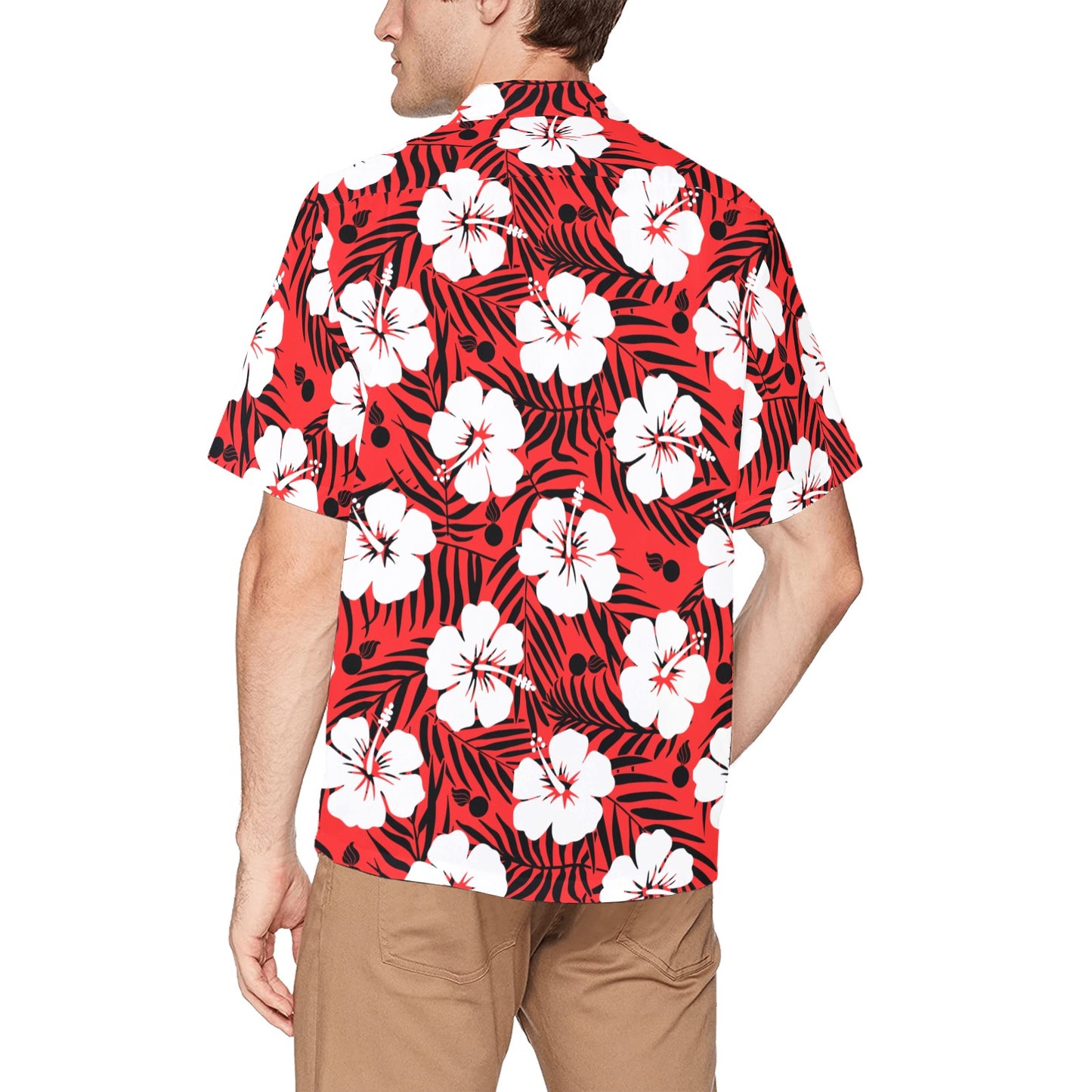 AMMO Red Black and White Flowers Leaves and Pisspots Mens Left Chest Pocket Hawaiian Shirt
