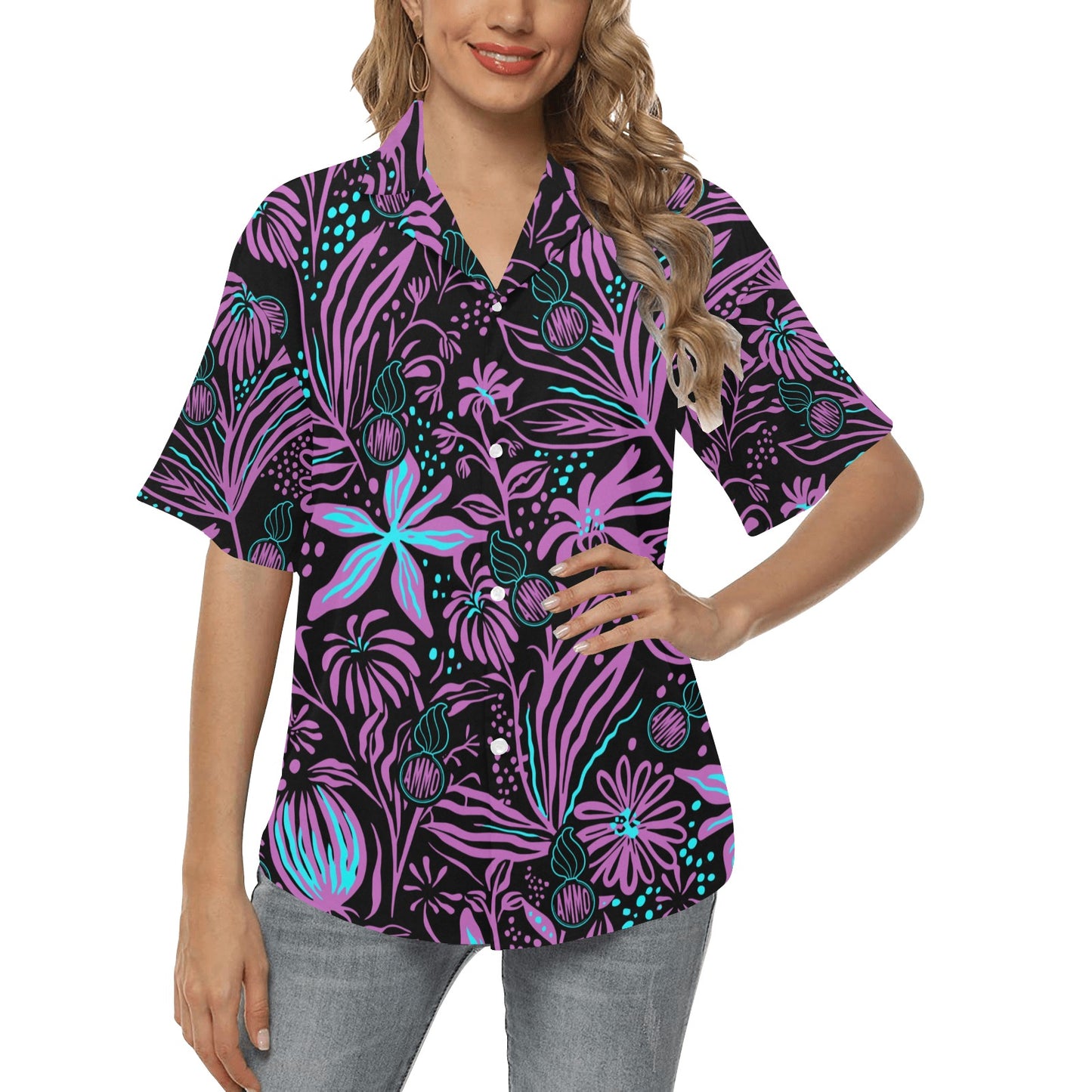 USAF AMMO Purple Teal Neon Flowers Pisspots AMMO Logo Womens Hawaiian Shirt