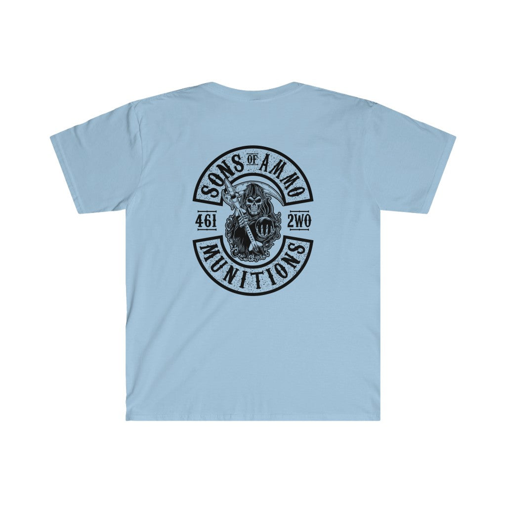 Sons Of AMMO Grim Reaper Death Sickle Scythe Missile Pisspot IYAAYAS Munitons Logo Unisex Softstyle T-Shirt