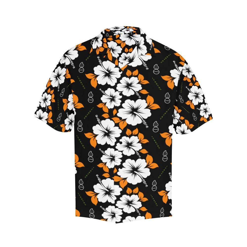 AMMO Hawaiian Shirt Black with Orange and White Flowers Pisspots IYAAYAS and JDAMs - AMMO Pisspot IYAAYAS Gear