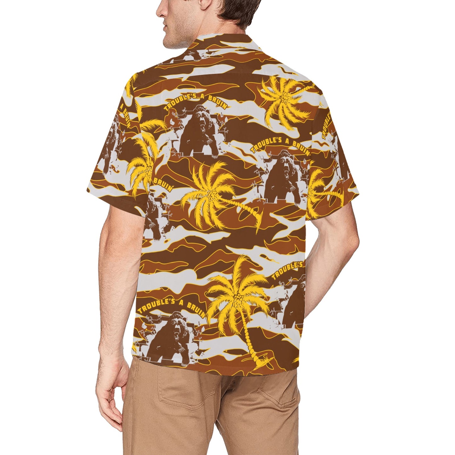 Fargo South High Troubles A Bruin Bear Brick Wall Tiger Stripe Brown Camouflage With Gold Color Palm Trees Hawaiian Shirt With Left Chest Pocket