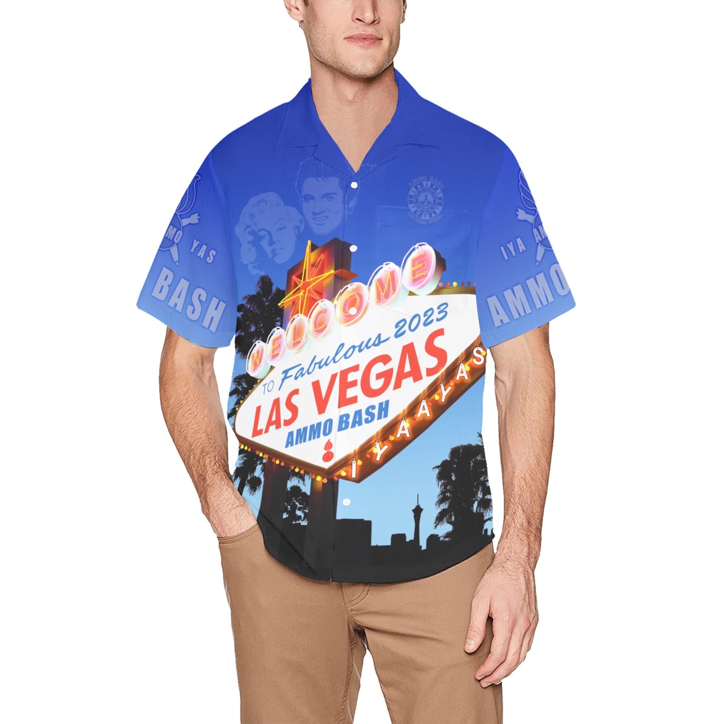 AMMO Bash 2023 Event Attendee Las Vegas Nevada Ellis Island Hotel Casino Brewery Mens Front Left Chest Pocket Event Hawaiian Shirt