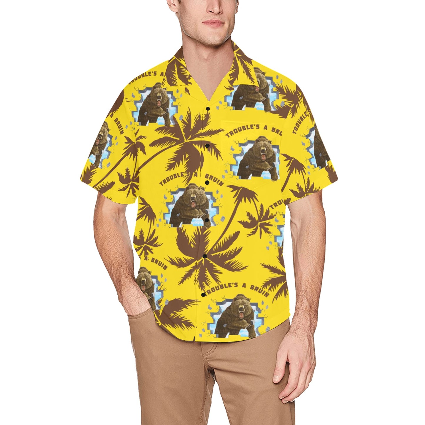 Fargo South High Troubles A Bruin Brown Bear Brick Wall Brown Palm Trees Yellow Hawaiian Shirt With Pocket