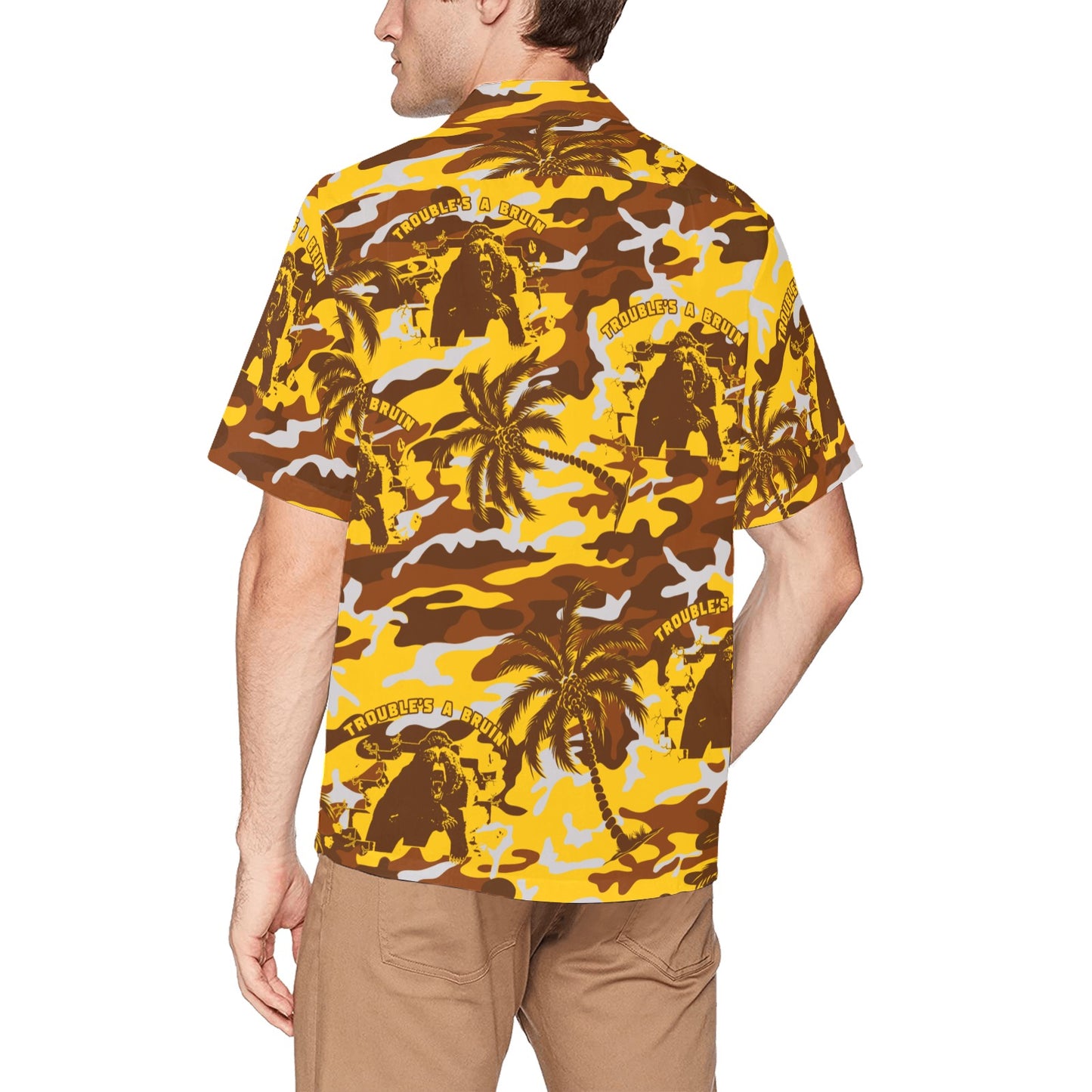 Fargo South High Troubles A Bruin Brown Bear Brick Wall Gold Color Camouflage With Brown Palm Trees Hawaiian Shirt With Left Chest Pocket