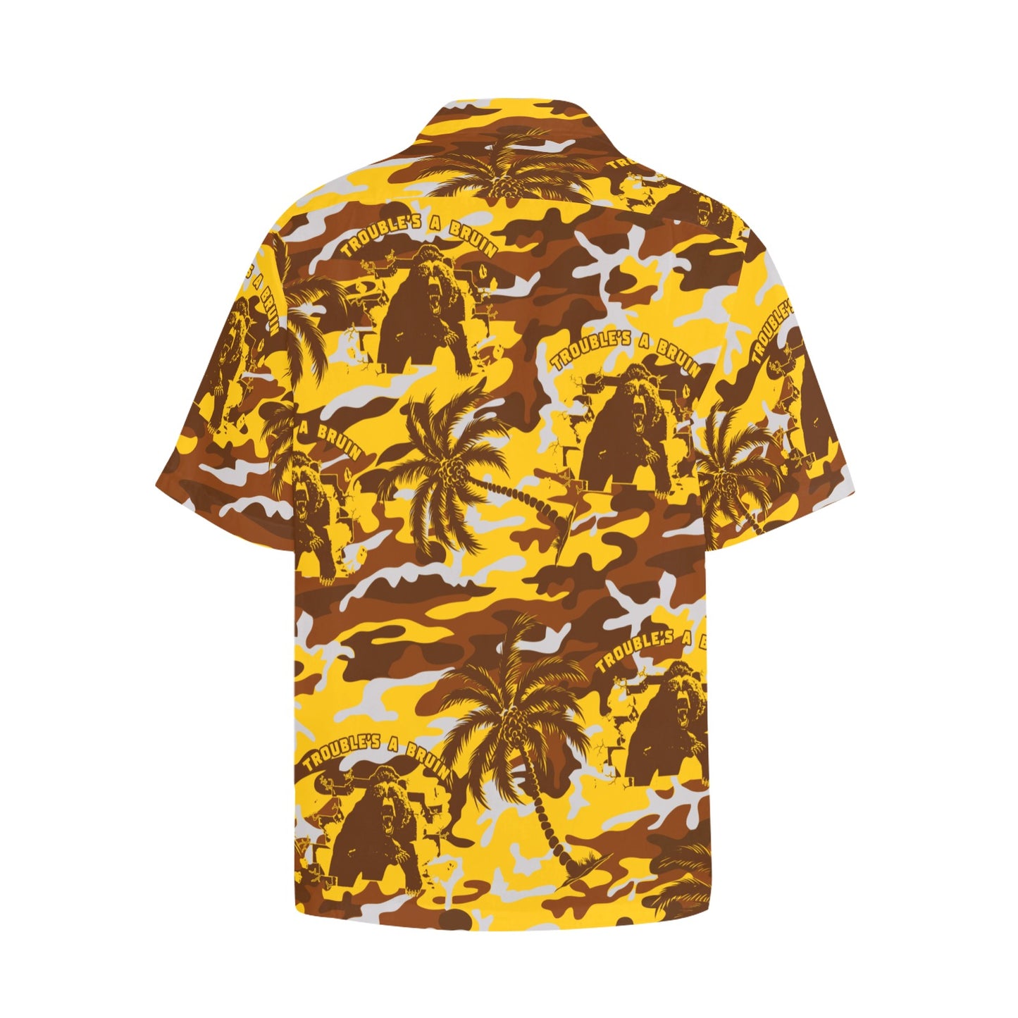 Fargo South High Troubles A Bruin Brown Bear Brick Wall Gold Color Camouflage With Brown Palm Trees Hawaiian Shirt With Left Chest Pocket
