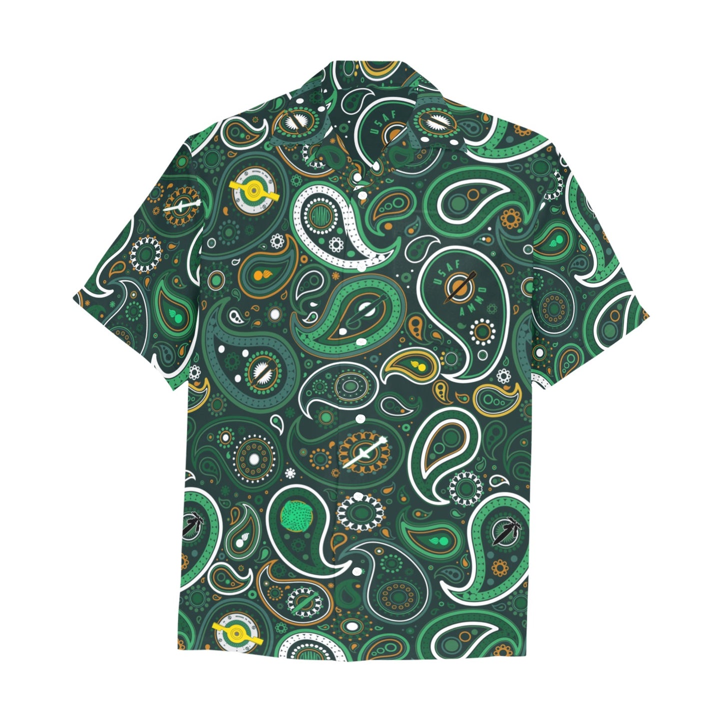 USAF AMMO Green Paisley Pisspot and AMMO Icons Mens Left Chest Pocket Hawaiian Shirt