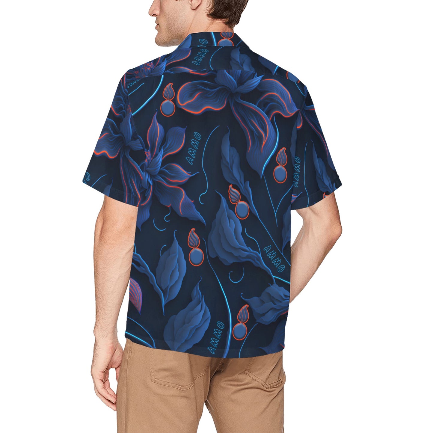 USAF AMMO Red and Blue Neon Flowers Leaves Pisspots and AMMO Word Mens Front Left Chest Pocket Event Hawaiian Shirt