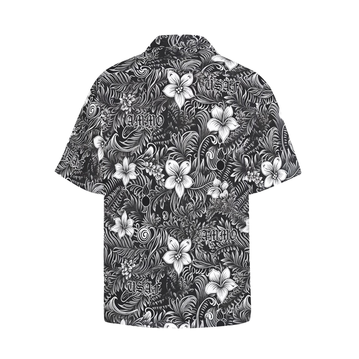 Black and White Badass Hawaiian Flowers Leaves USAF AMMO and Pisspots Mens All Over Print Hawaiian Shirt With Left Chest Pocket