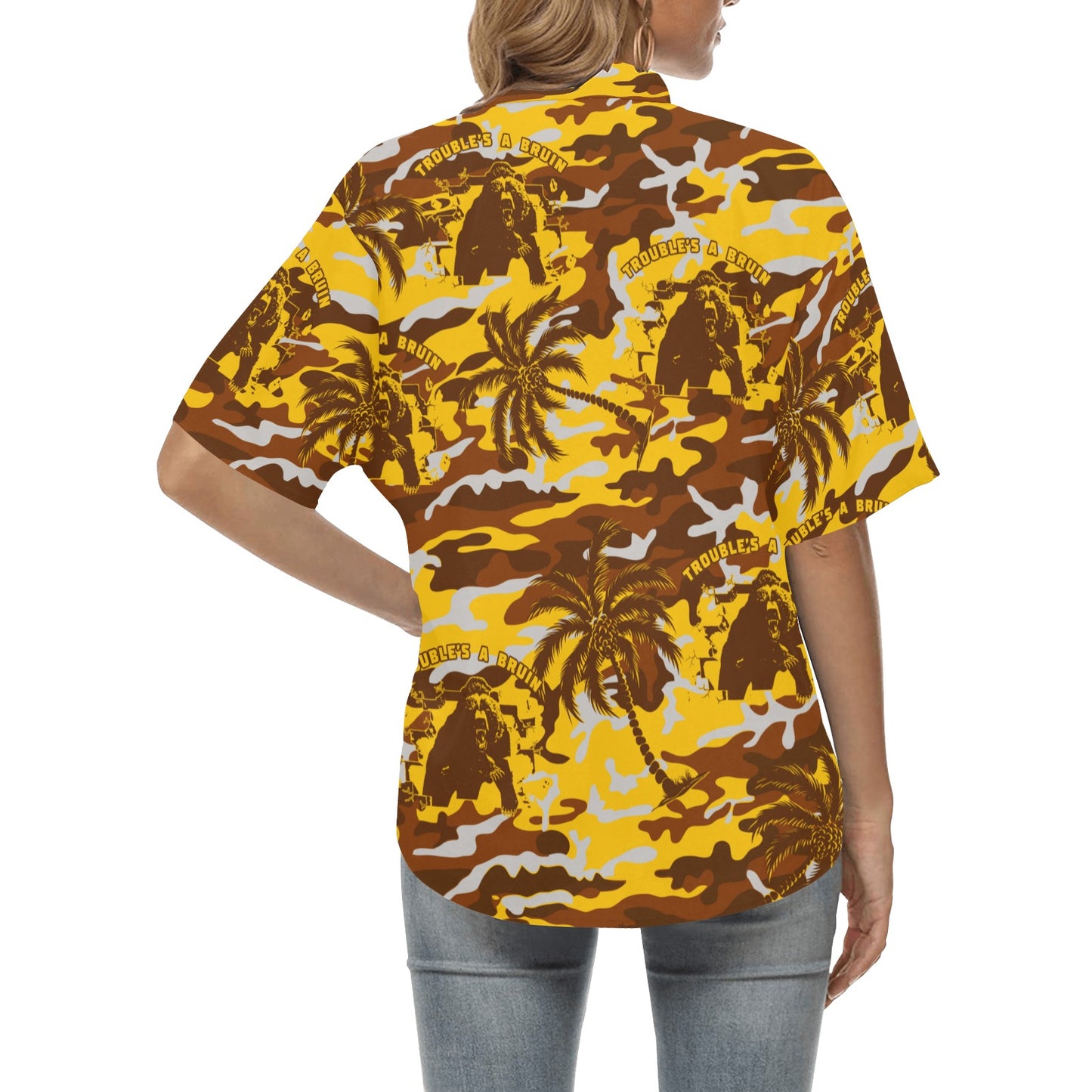 Fargo South High Troubles A Bruin Brown Bear Brick Wall Gold Color Camouflage With Brown Palm Trees Womens Hawaiian Shirt