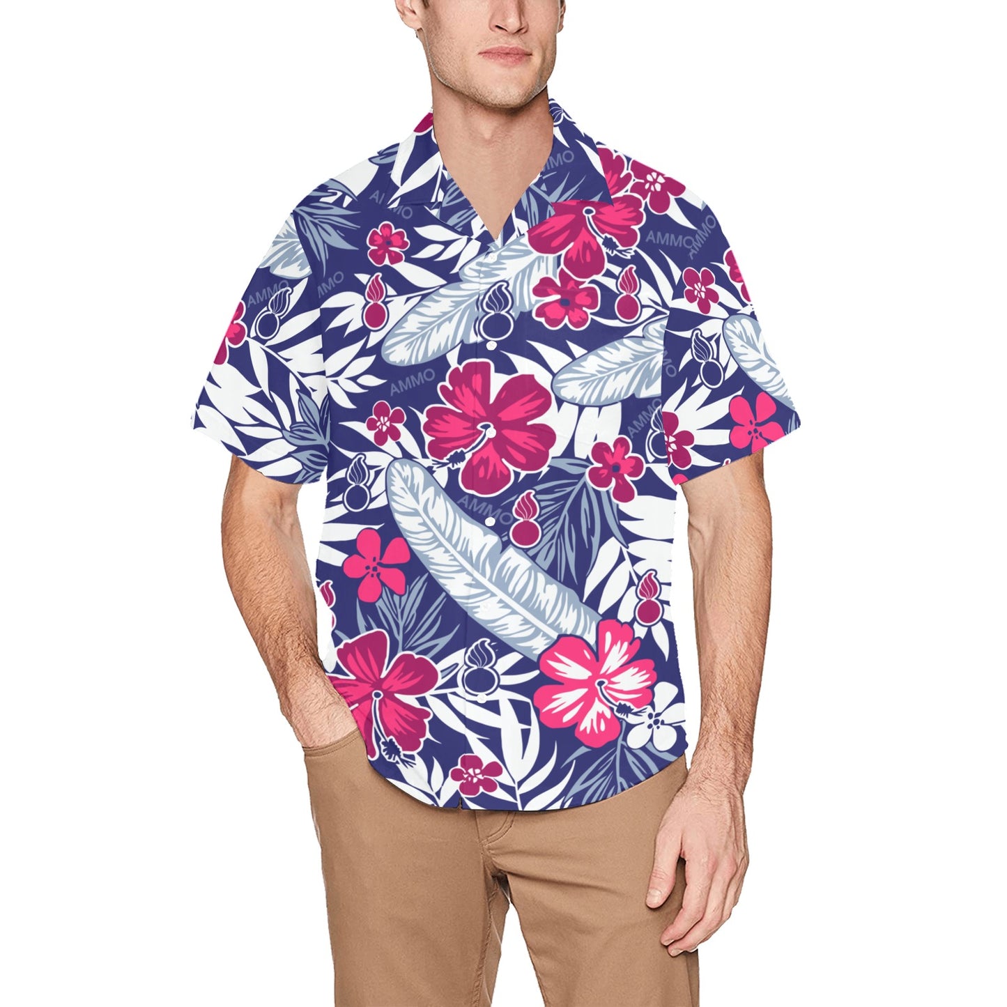 Blue Red White Pink and Grey AMMO Mens All Over Print Hawaiian Shirt With Left Chest Pocket