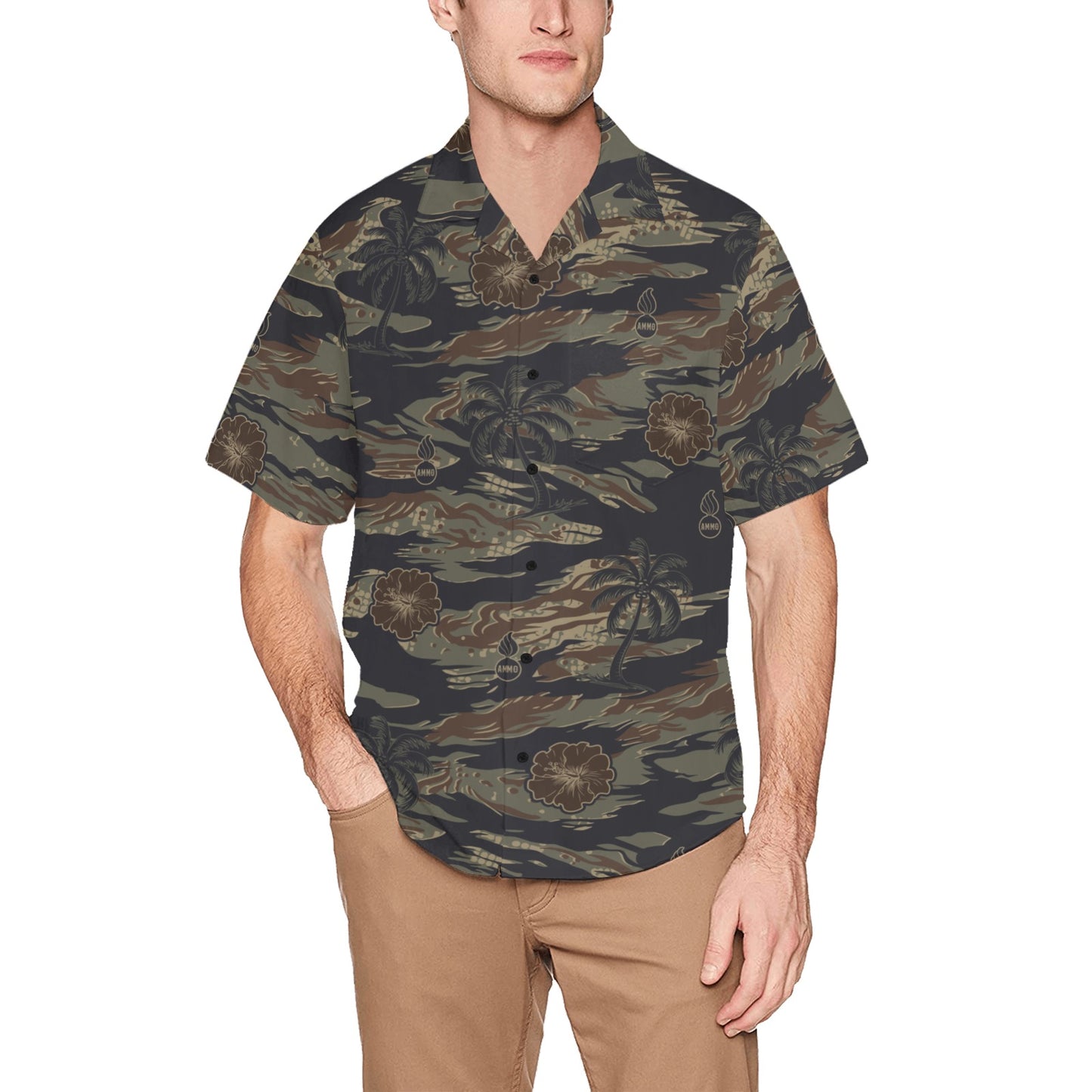 AMMO Tiger Stripe Camouflage Palm Trees Flowers Pisspots Pattern Mens Left Chest Pocket Hawaiian Shirt