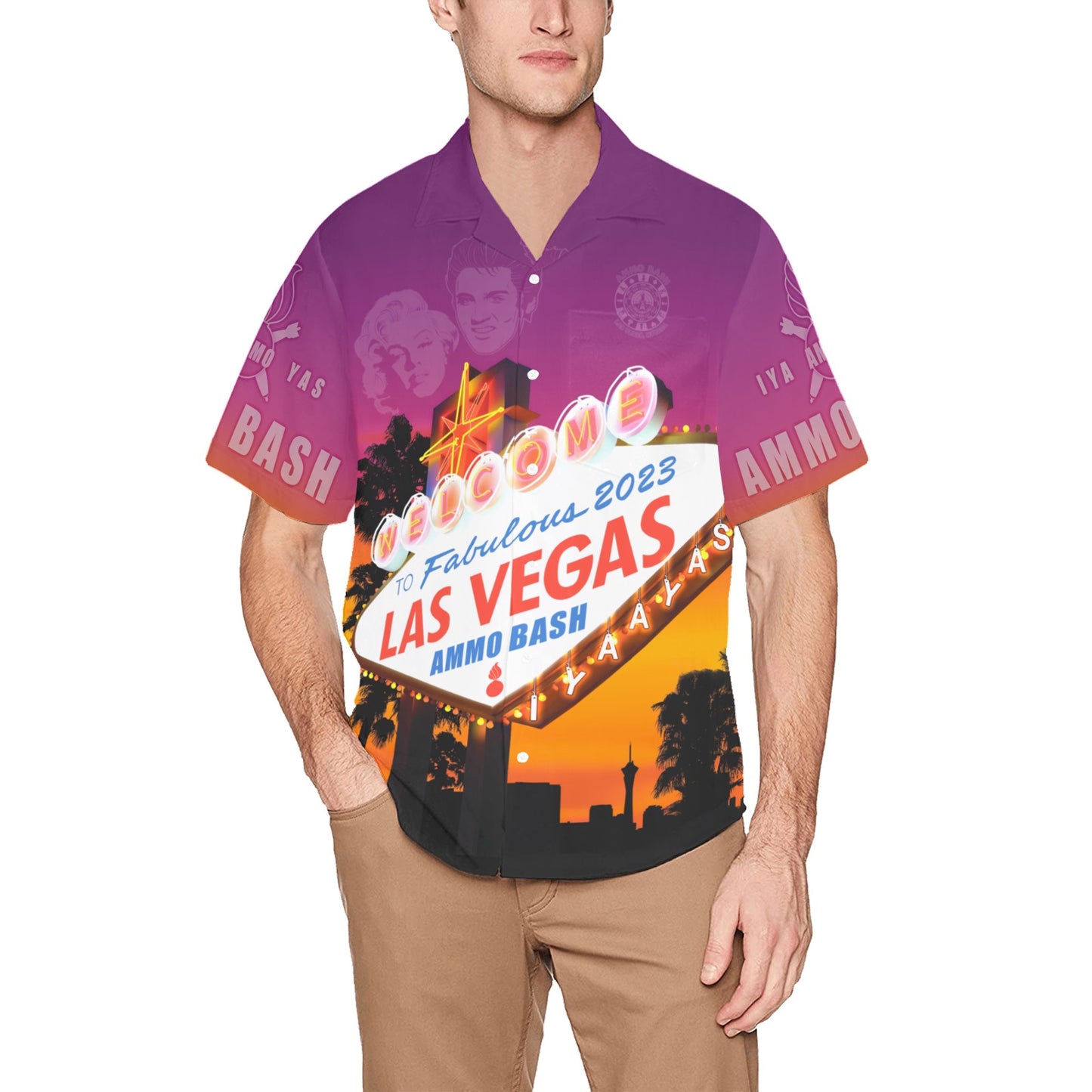 AMMO Bash 2023 AVA STAFF MEMBER ONLY Las Vegas Nevada Ellis Island Hotel Casino Brewery Mens Front Left Chest Pocket Event Hawaiian Shirt