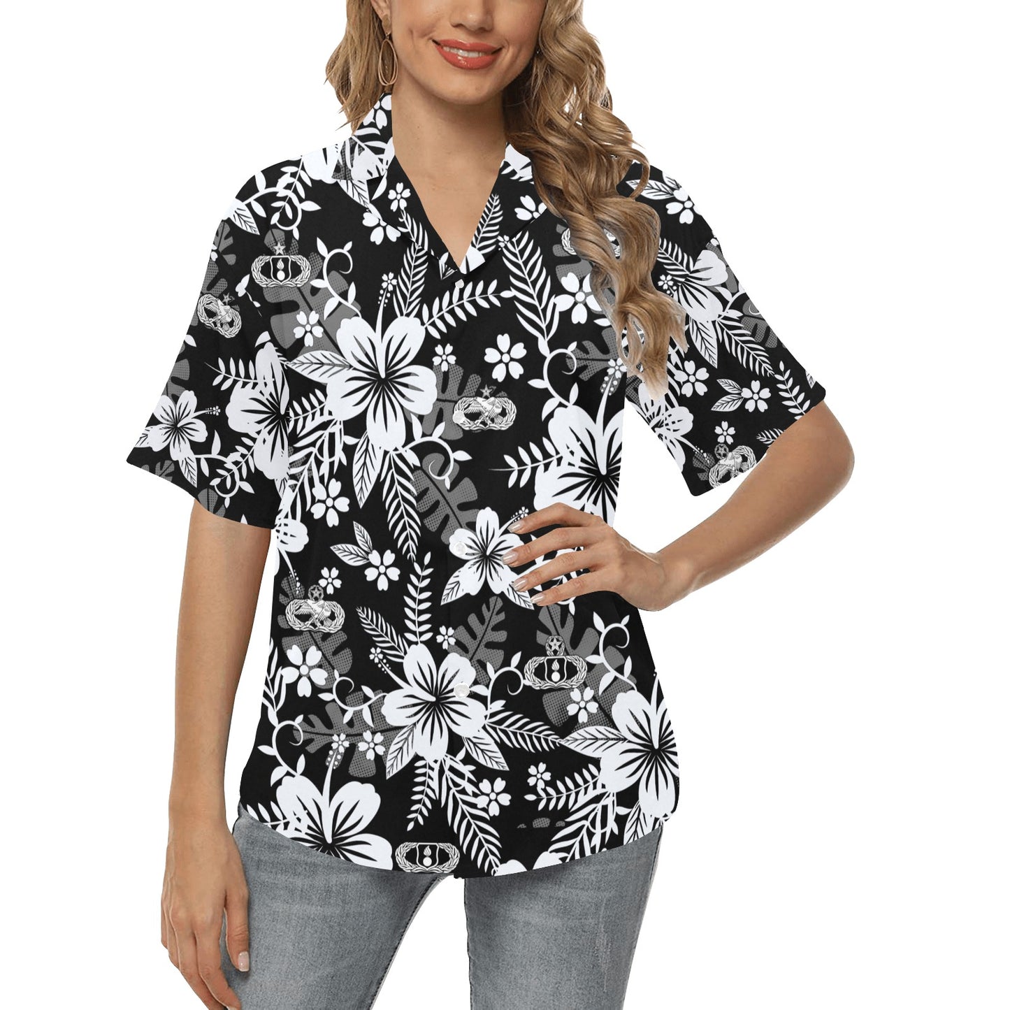 Black White Grey Flowers All Over New and Old Basic Senior Master Occupational Maintenance Badges Womens Hawaiian Shirt